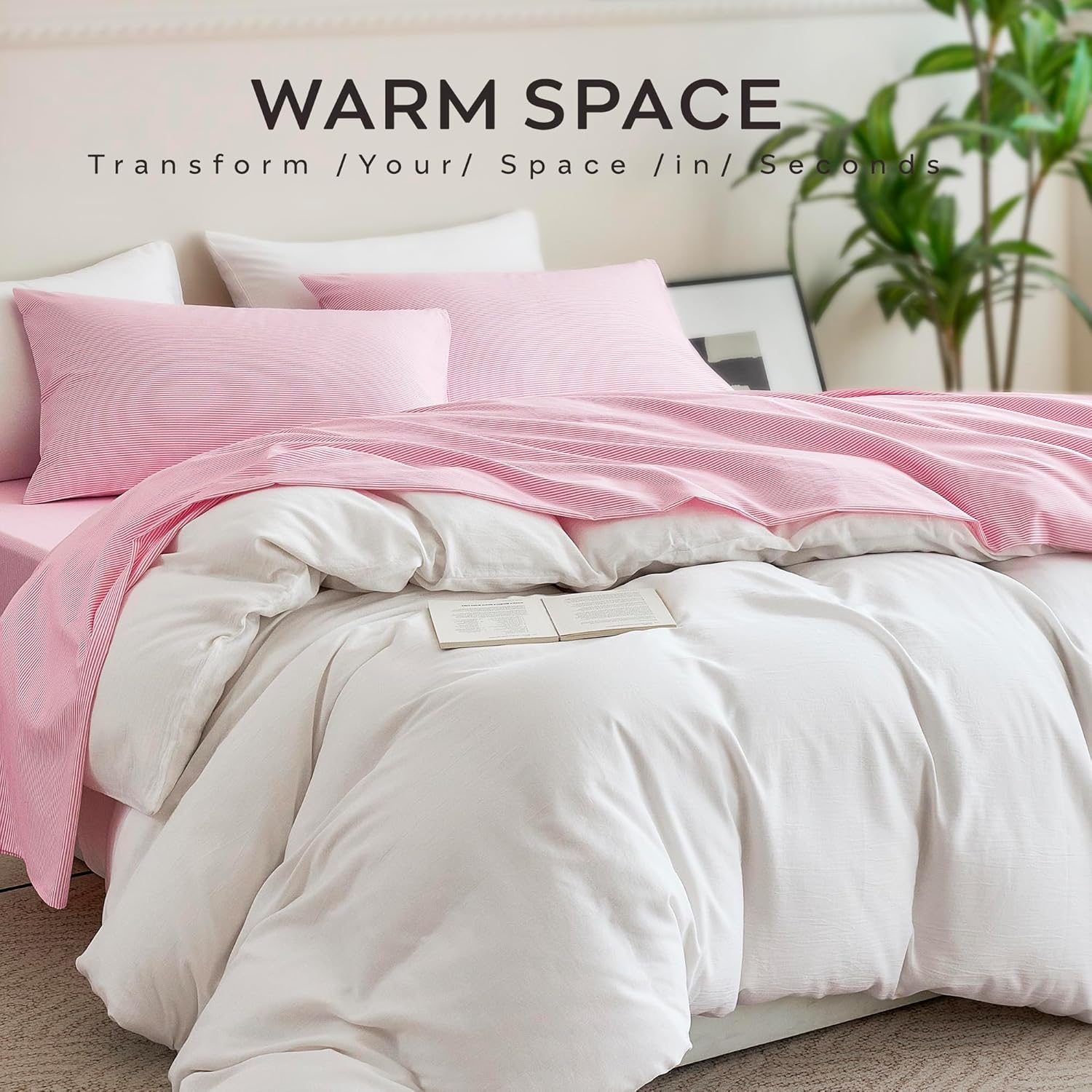 JELLYMONI 100% Cotton Bed Sheets Set – Thin Pink and White Striped, Full Size, Soft Bedding with Deep Pocket Fitted Sheet, Flat Sheet & Pillowcases