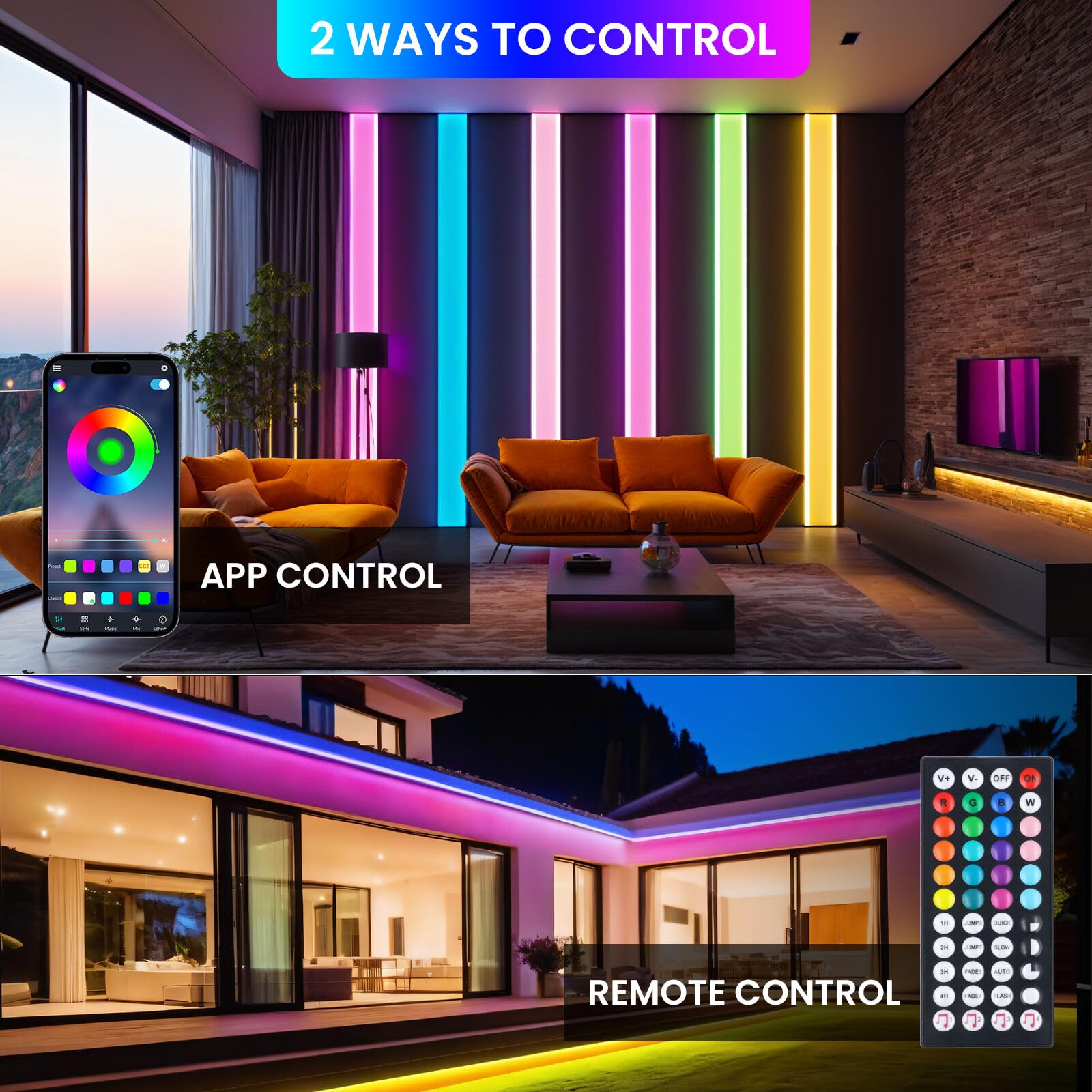 12V RGB COB LED Streifen, Wasserdicht IP68 576 LEDs/m 16 color Dimmbar Selbstklebend Bandlicht mit 44 Tasten IR Bluetooth Musik RGB Controller für Küche Wohnzimmer Heim Garten im Freien Deko