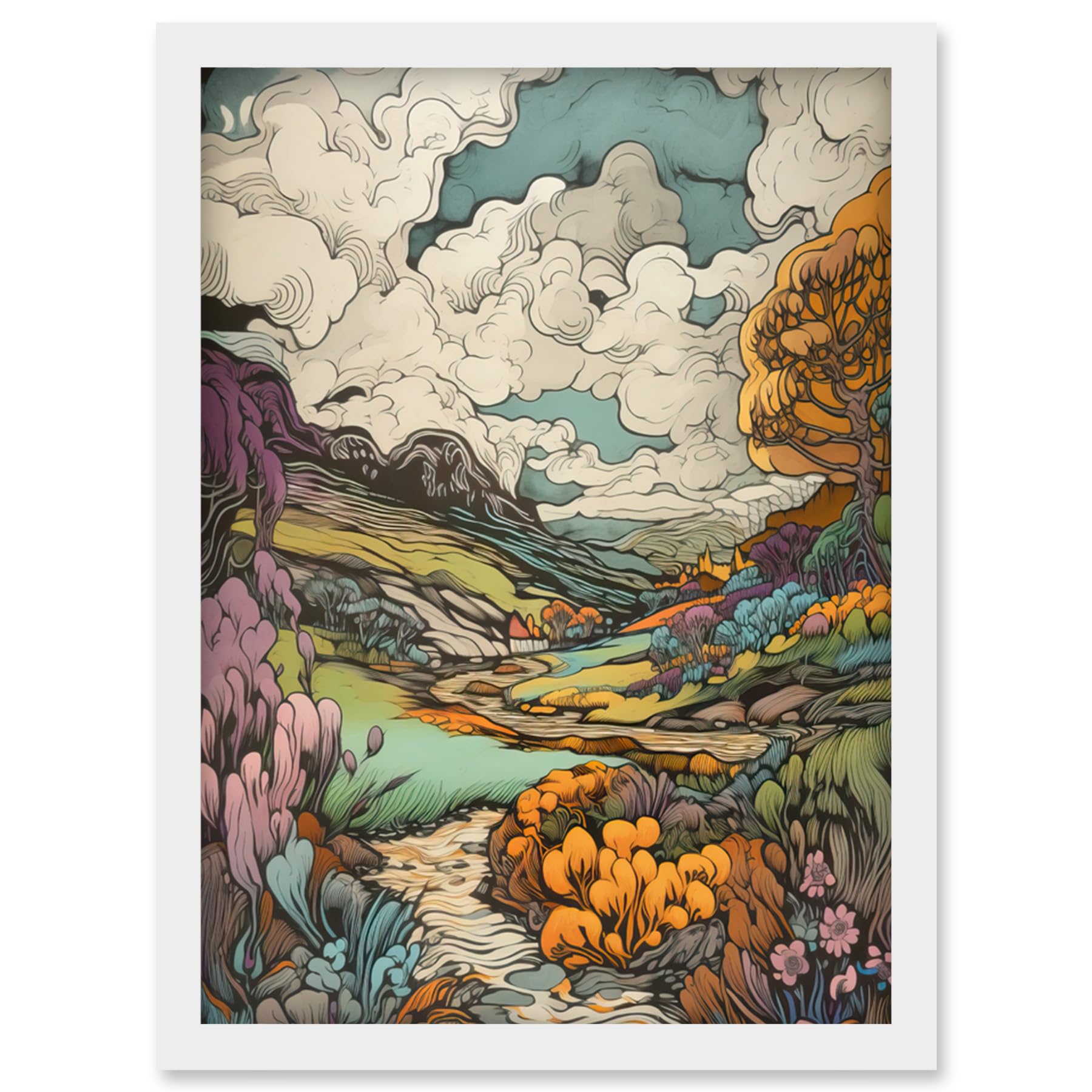 Artery8 Meadow River Multicoloured Landscape Illustration Artwork Framed Wall Art Print A4