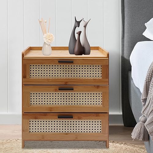 Miniatura 6 de Rattan Nightstand Minimalist Scandinavian Style End Table with Drawer Bamboo Accent Sofa Side Table Modern Natural Rattan End Table for Small Spaces