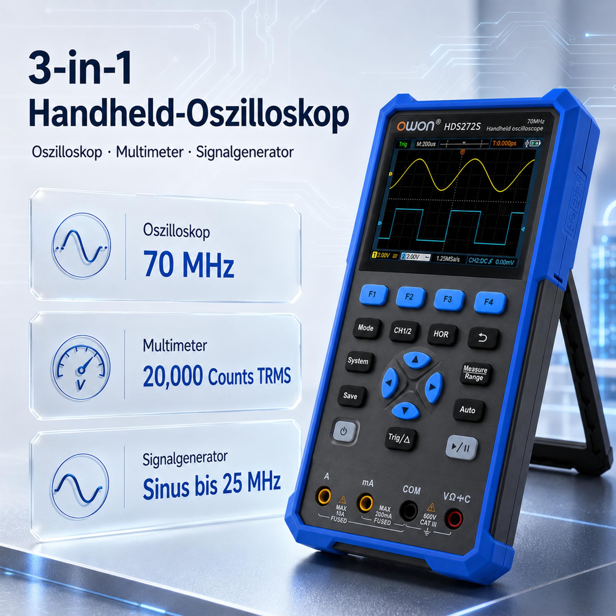 HDS272S 3 in 1 OWON Oszilloskop 70MHz mit 2+1 CH mit 3,5 Zoll LCD mit einstellbarer Helligkeit (Oszilloskop + Multimeter+ Generator)