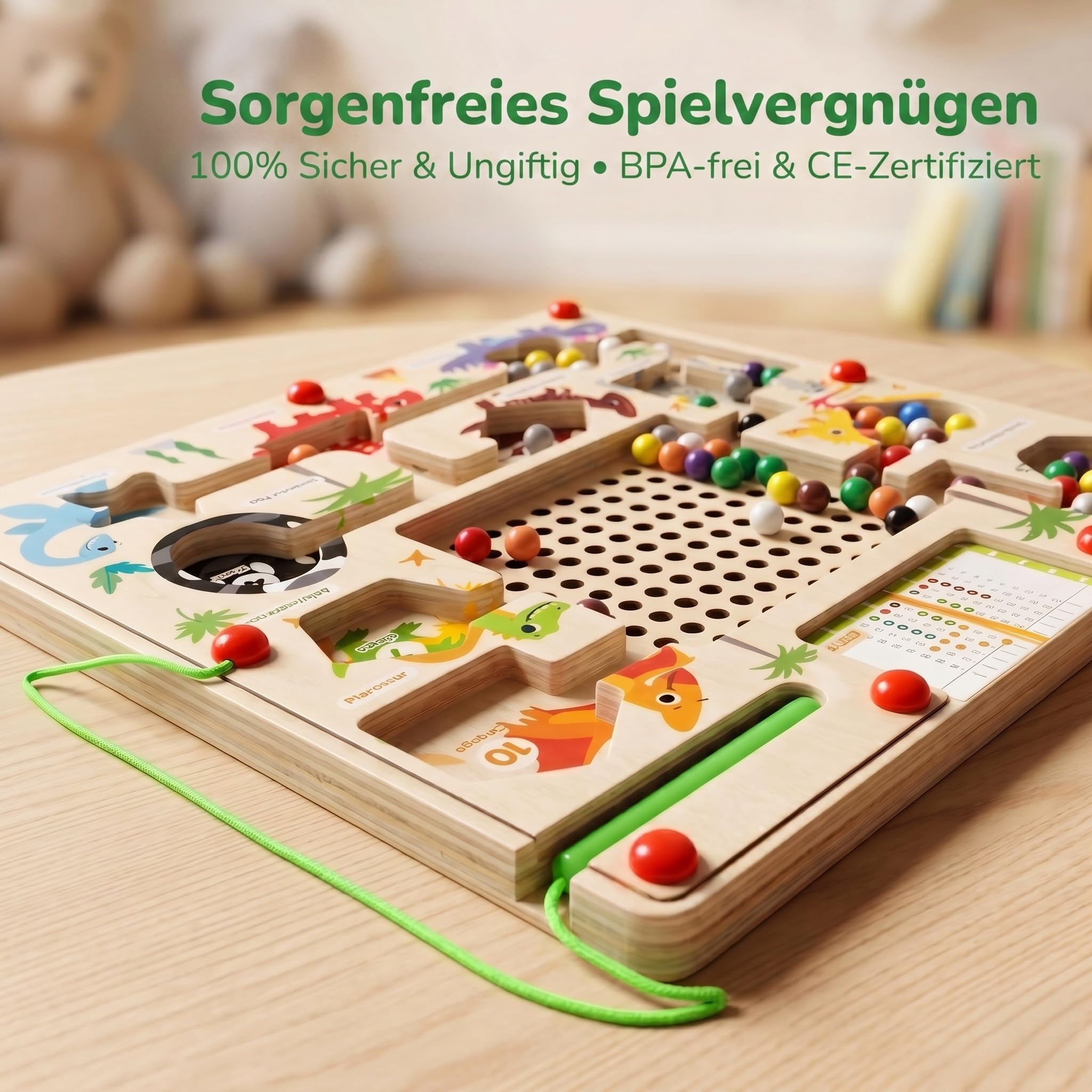 Dinosaurier Magnetisches Labyrinth Spielzeug aus Holz, Montessori Lernspielzeug ab 3 Jahre, Zählspiel & Farbsortierung mit Magnetstift, Feinmotorik Training Logikspiel für Kinder Jungen Mädchen | Zählspiel Lernspielzeug Hand-Auge-Koordination Geschicklich