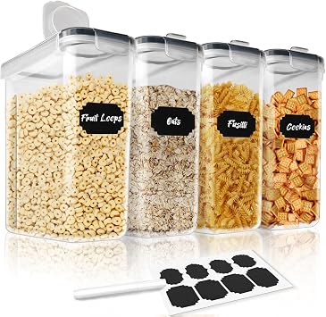 Cereal Storage Containers Set 4L/135.2oz, 4Pcs Plastic Airtight Food Storage Containers with Lids, Food Grade BPA Free Cereal Dispensers with Pour Spout for Kitchen & Pantry Organisation