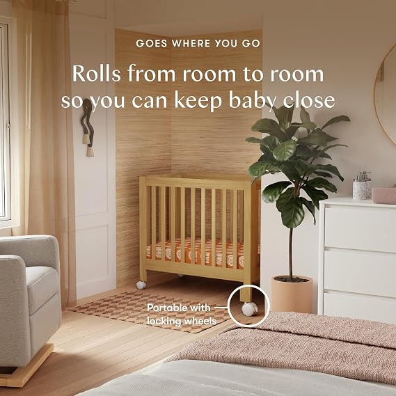 Babyletto Origami Mini Portable Crib Folding with Wheels in Honey, 2 Adjustable Mattress Positions, Greenguard Gold Certified