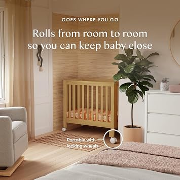 Babyletto Origami Mini Portable Crib Folding with Wheels in Honey, 2 Adjustable Mattress Positions, Greenguard Gold Certified