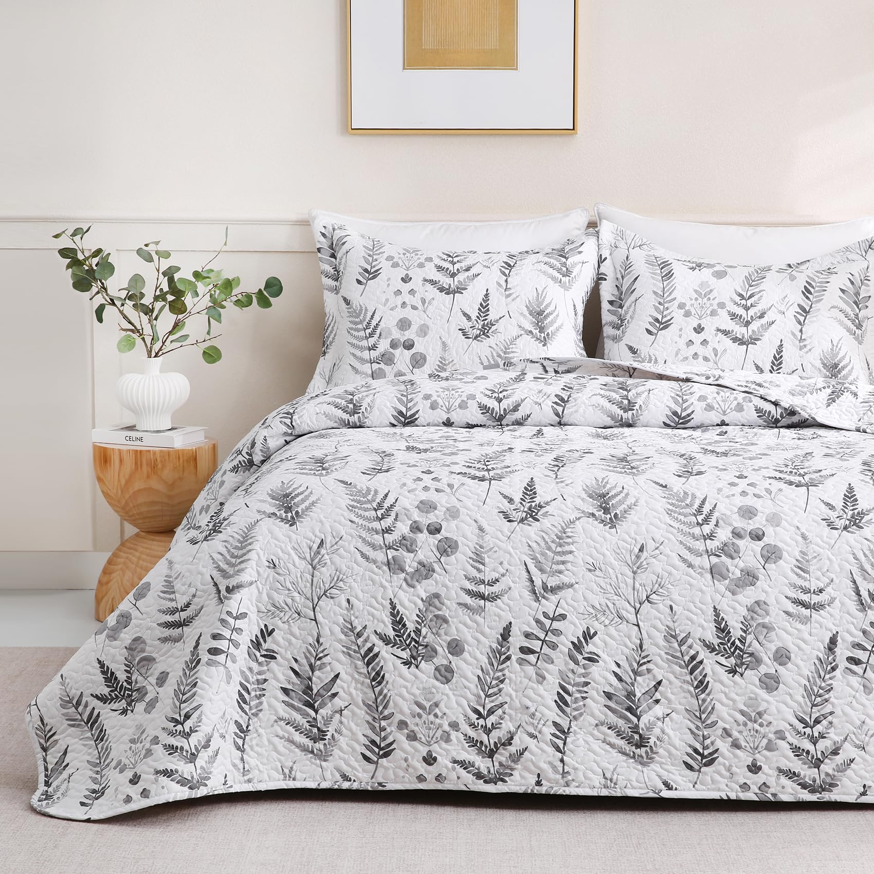 JSD Grey White Floral Quilt Set Full Queen, 3 Piece Printed Bedspreads Coverlet with Pillow Sham, Soft Microfiber Quilted Blanket