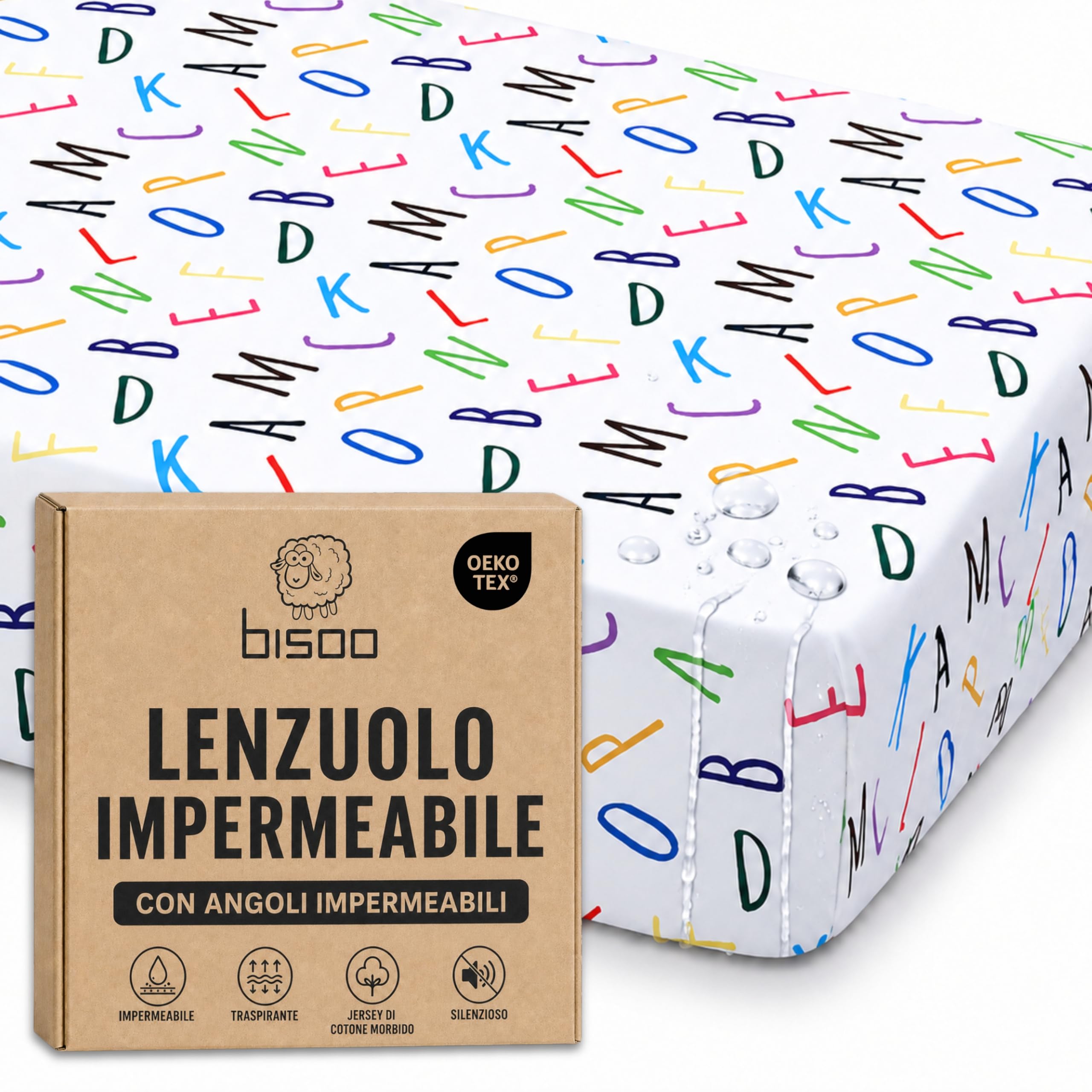 Bisoo Lenzuolo Magico Miniculla 50x80 / 50x83. Lenzuolo con Angoli in Jersey di Cotone Impermeabile e Traspirante per Culla Fianco Letto. Risparmi Perché Non Serve Coprimaterasso. Cert OekoTex Lettere