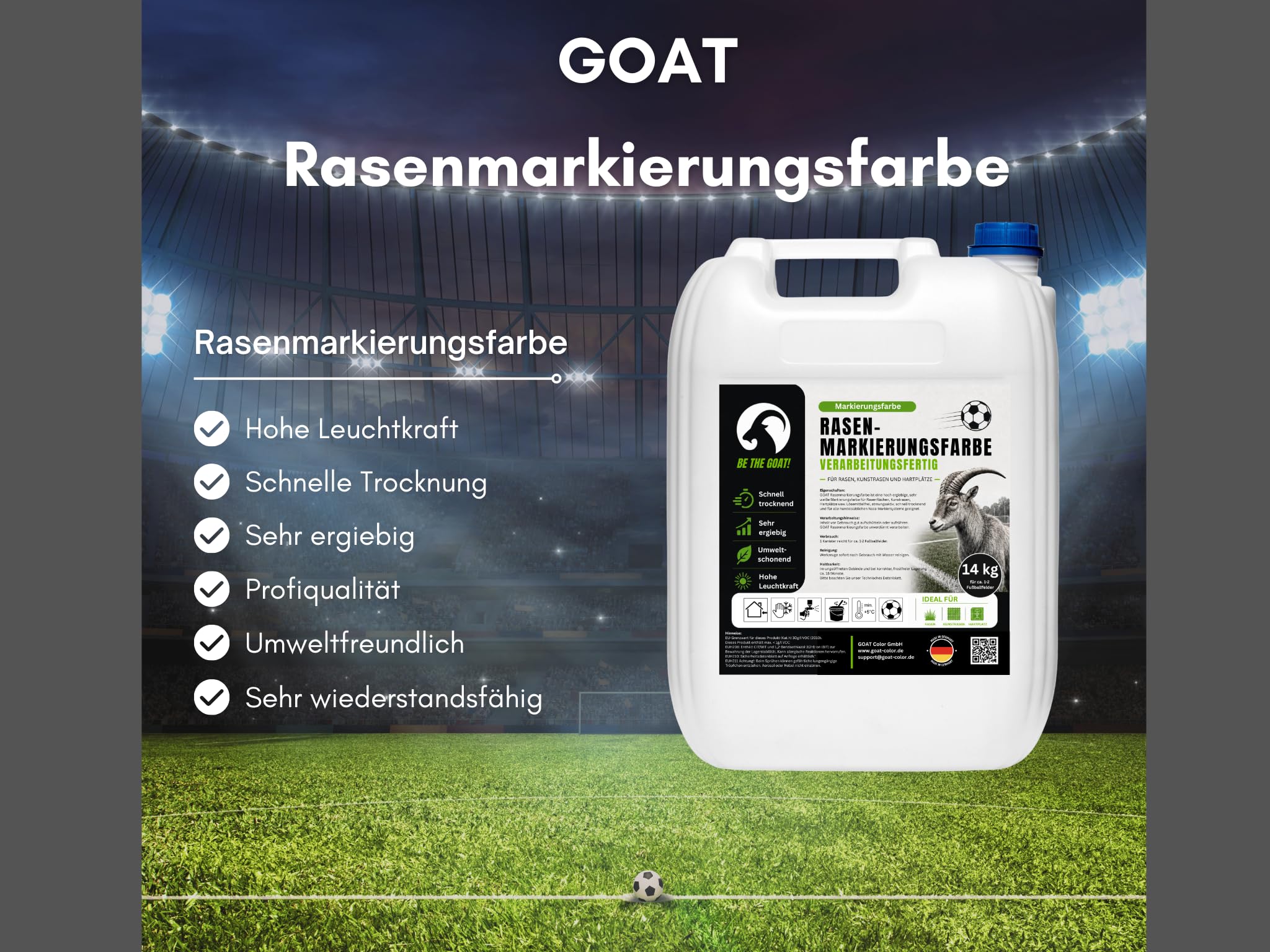 GOAT Rasenmarkierungsfarbe | Gebrauchsfertig | Rasenfarbe | Sportplatzfarbe | 14kg (4x 14kg)