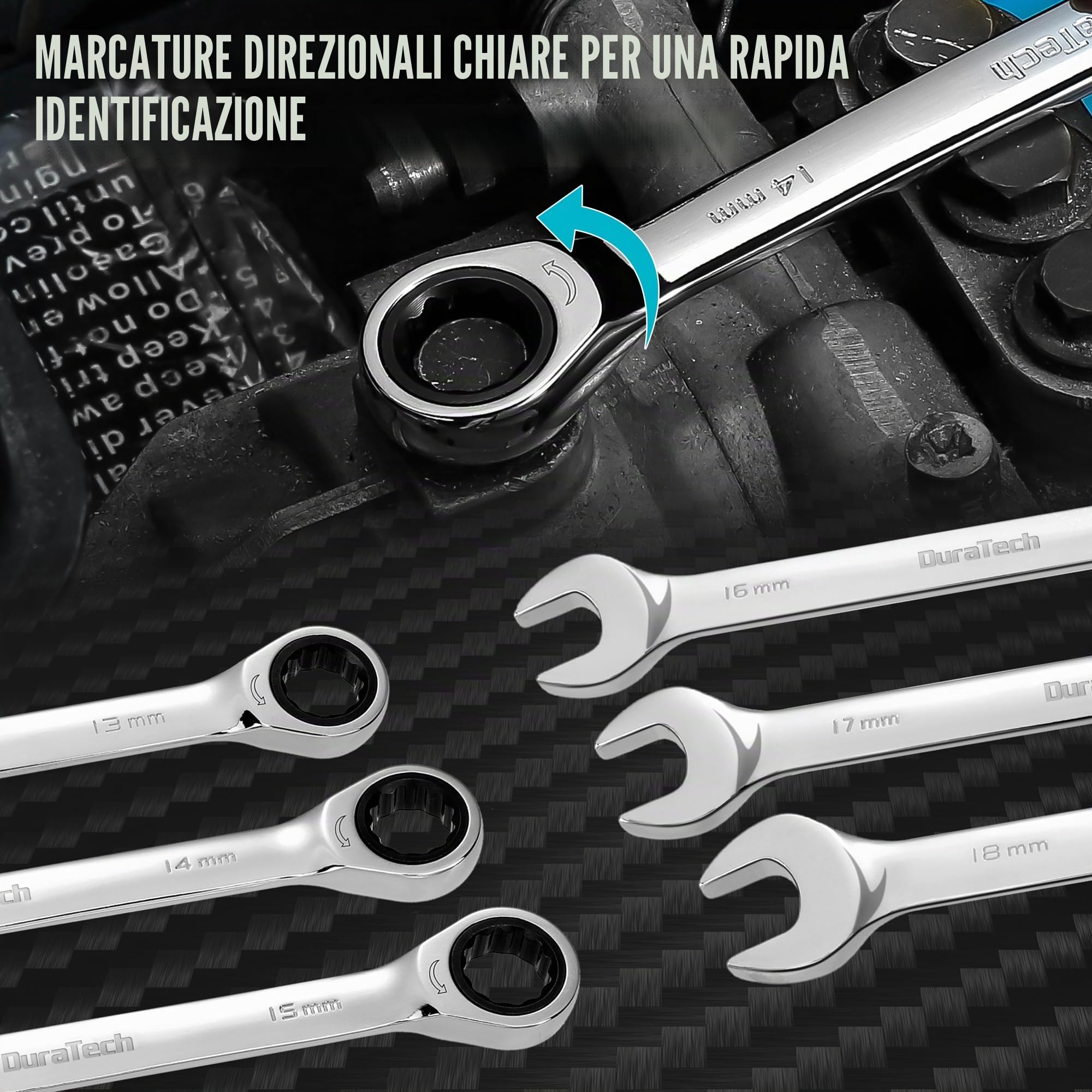 DURATECH Set di Chiavi a Cricchetto, Set di Chiavi Combinate a Testa Fissa, Metrica, 10 Pezzi, 8-19mm, in Acciaio Cr-V, Organizzato in Valigetta Per il Trasporto