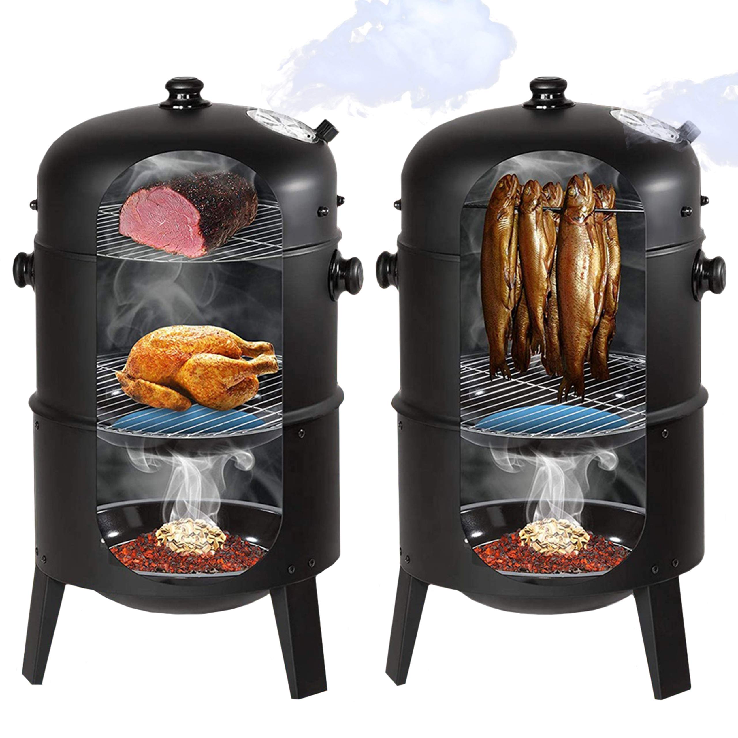 GrillMaster Grill Węglowy SmokeHouse GM8000 + Wędzarnia + Termometr, Ogrodowy, Wędzenie, Gotowanie na Parze, Dwie Misy, Funkcja Paleniska