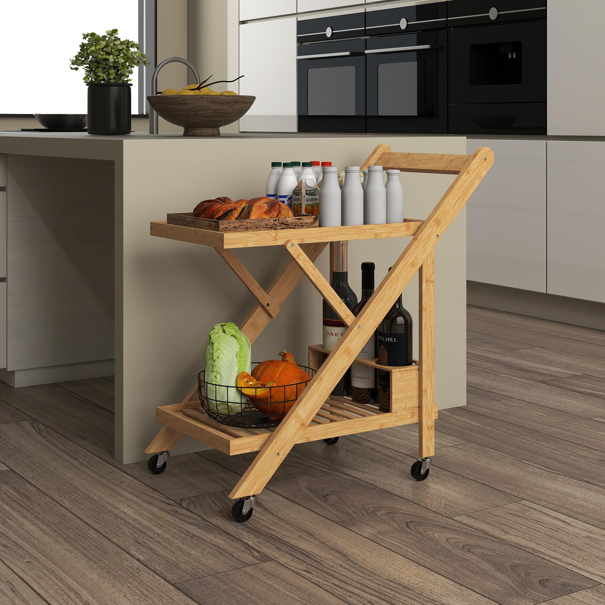 HOMCOM Desserte de Cuisine en Bambou, Chariot de Service Pliable, avec 2 Plateaux, 4 Roues, 3 casiers à vin, 66 x 40 x 70 cm, Bois Naturel