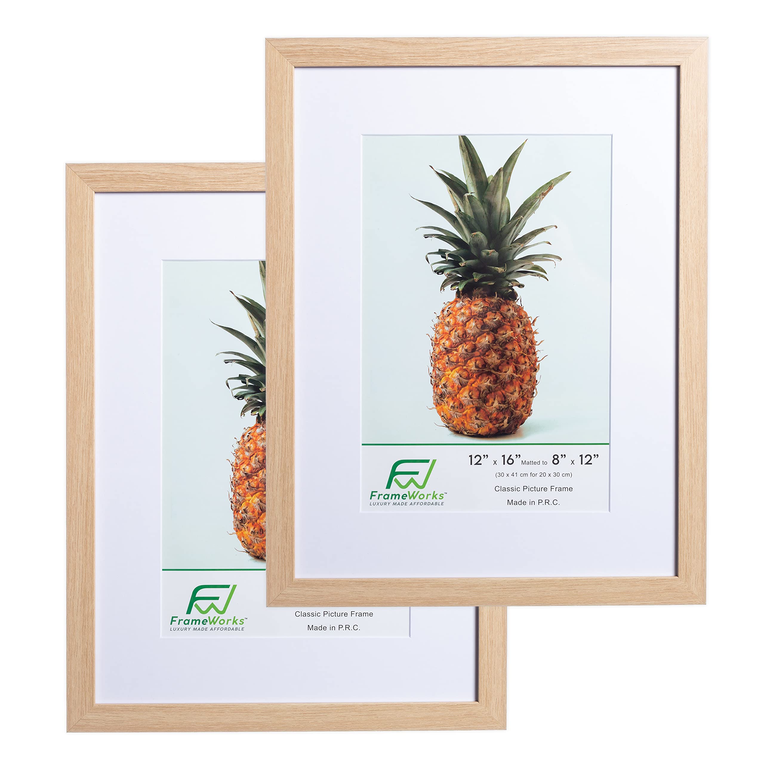 FrameWorks 12x16 mat to 8x12 Classic Wooden Picture Frames Tempered Glass/Natural Oak / 2-Pack