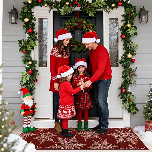 Miniatura 8 de U'Artlines Alfombra de pasillo de Navidad, alfombra roja de 2 x 6 pies, antideslizante, lavable, con copos de nieve, alfombra de pasillo para