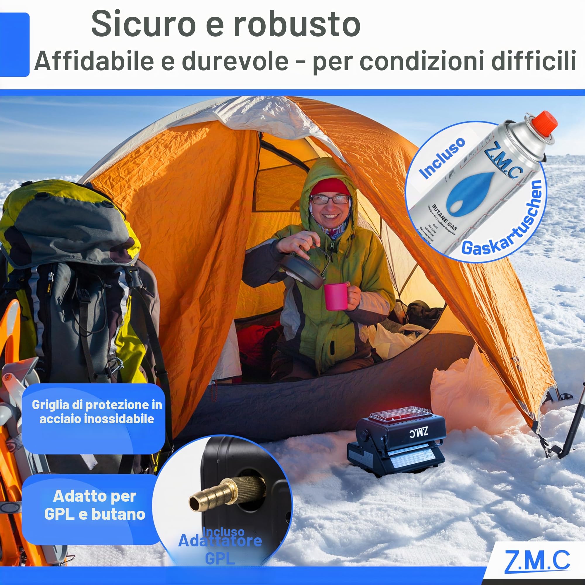 Z. M.C 2-in-1 Riscaldamento a Gas e Fornello a Gas con LPG Collegamento + 4 Cartucce di Gas 227g, Campeggio Riscaldamento 1,3 kW, Stufa per Esterno con Bruciatore Piezo