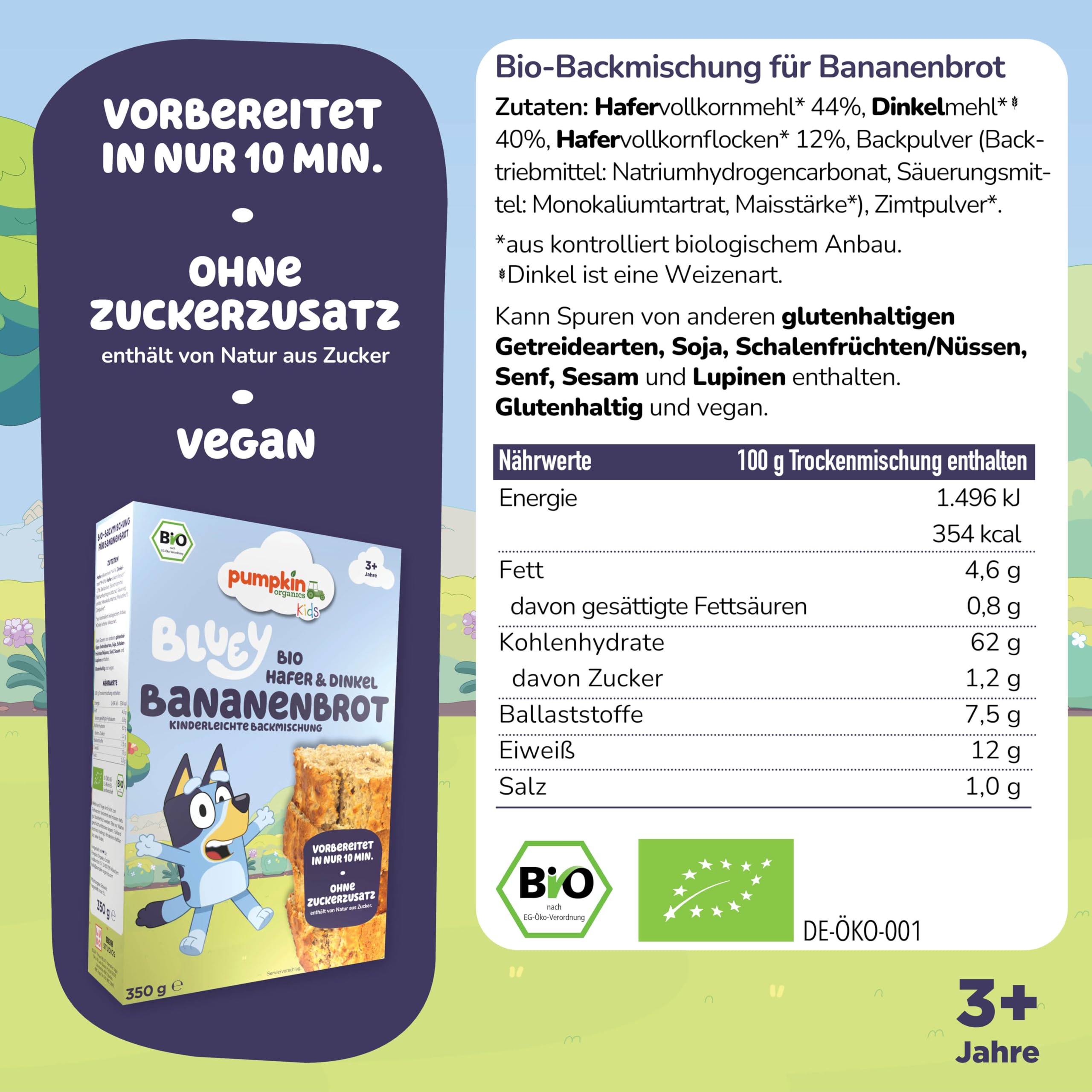 Bluey Bio Bananenbrot Backmischung (6er Pack) - Backmischung für Kinder (3+ Jahre) - schnelle Zubereitung - Bananenbrot und Muffins für Kinder - Backset ohne Zusatzstoffe - von Pumpkin Organics