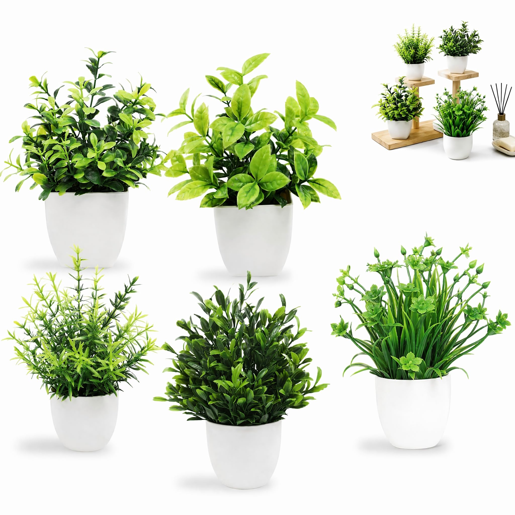 Qixkuric 5 Pack Fake Plants, 17 × 7 × 6.5cm Small Artificial Plants (Green)