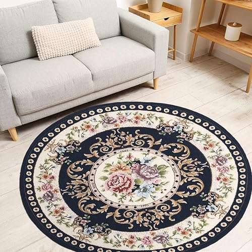 Miniatura 4 de Tyrafry Alfombra redonda floral de 2.6 pies, clásica, antideslizante, lavable a máquina, alfombra de cocina sostenible, alfombra tradicional para