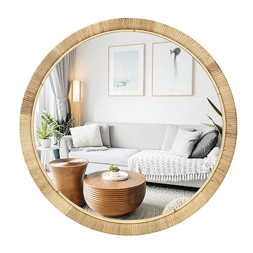 QUOAOT Rattan Round Wall Mirror, 28in Rattan Mirror for Wall, Rattan Frame Boho Mirror for Farmhouse Bedroom Checkroom Livingroom Decor (Natural Rattan)