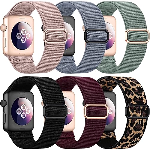 Stretchy Nylon Sport Bands Compatible with Apple Watch Band 38mm 40mm 41mm 42mm 44mm 45mm Women Men, Adjustable Braided Elastic Solo Loop Bands for iWatch SE Series 8/7/6/5/4/3/2，6 Packs B