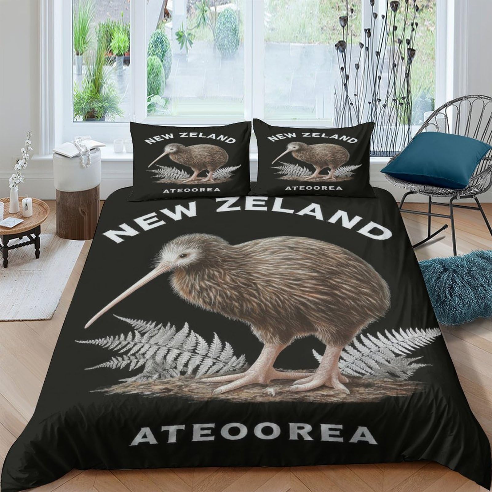 GPLZQXKJNH 3D Printed Kiwi Bird New Zealand Duvet Cover Microfiber Soft Fern Bedding Set with 2 Pillowcases for Home Bedroom Single（135x200cm）
