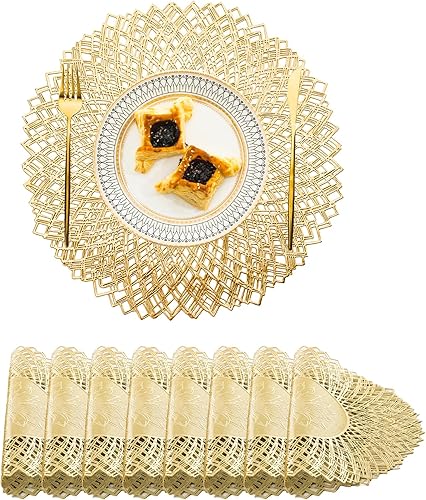 Miniatura 53 de BACKTOEDEN Juego de 6 manteles individuales redondos de color dorado claro, lavables, limpiables, resistentes al calor, manteles individuales de