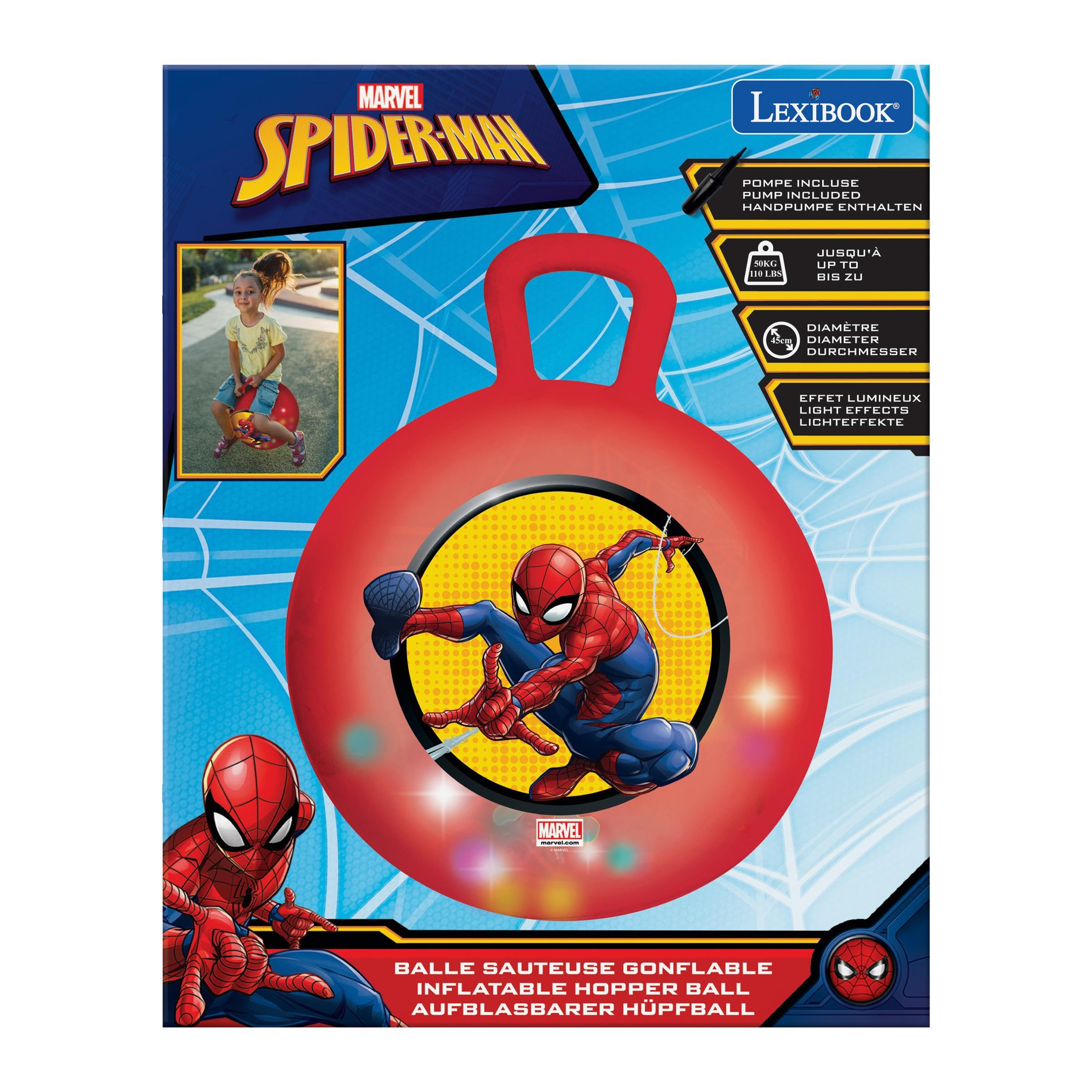 Lexibook, Spider-Man, Palla Saltellante Gonfiabile, Pompa Manuale Inclusa, Plastica Sicura e Resistente, Rosso, BG040SPLXB