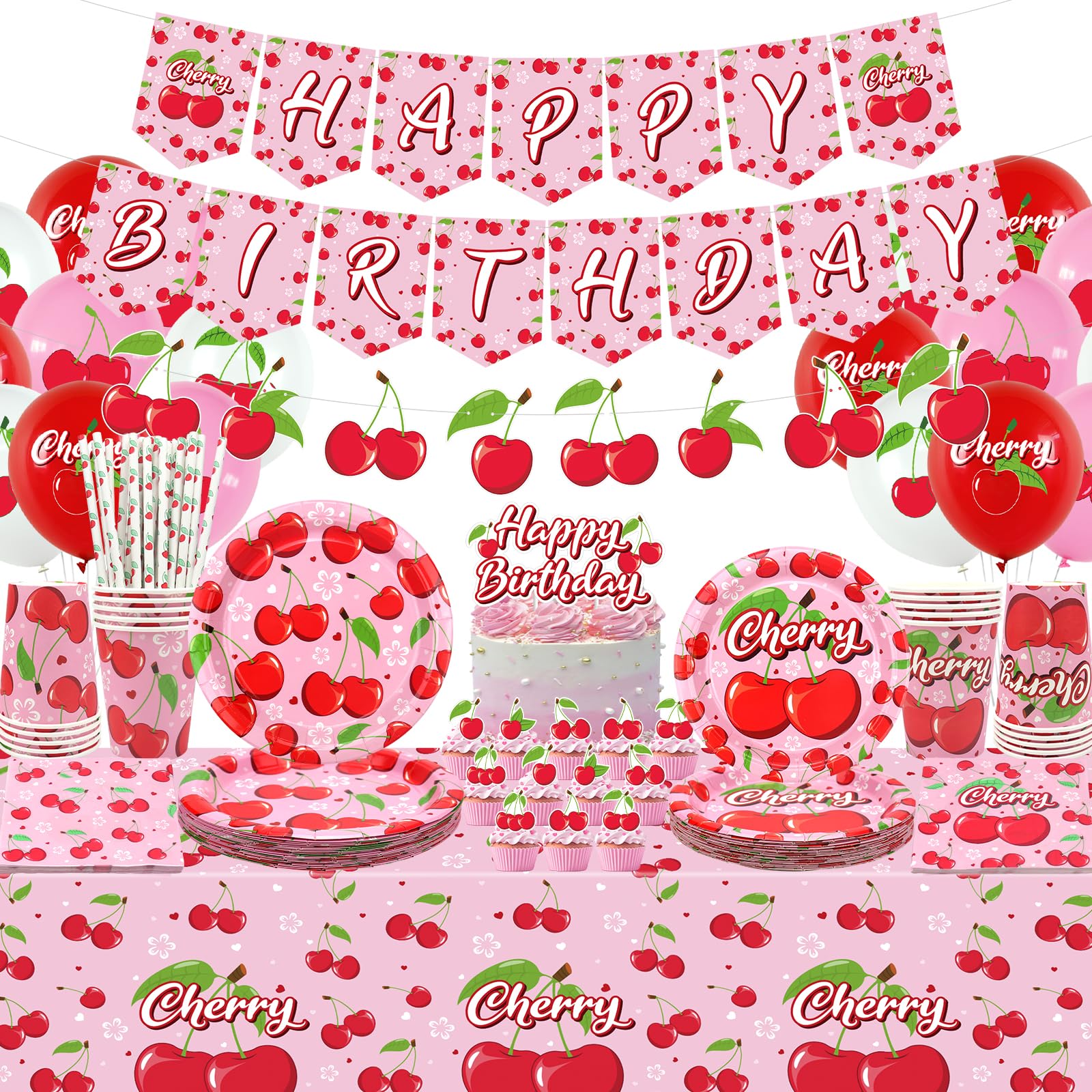 Decorazioni per feste di compleanno di ciliegia, accessori per feste di ciliegia, tra cui striscioni, piatti, topper per torte, tazze, tovaglioli, palloncini, tovaglia, 20 (LQ)