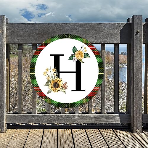 Miniatura 9 de Letrero de bienvenida frontal para puerta monograma de inicial corona en O letrero redondo de hojalata del alfabeto girasol mariposa búfalo