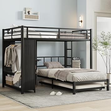 Full Over Twin Bunk Bed with Trundle, Metal Bed Frame with Built-in Wardrobe, Foldable Desk, Ladders, Noise-Free Design, for Kids Teens Adults-Black