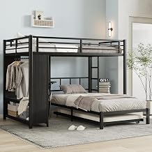 Polibi Queen Over Twin Metal Bunk Bed with Built-in Wardrobe, Trundle and Foldable Desk - Space-Saving Bunk Bed with Noise-Reduced Design & Ladder Black