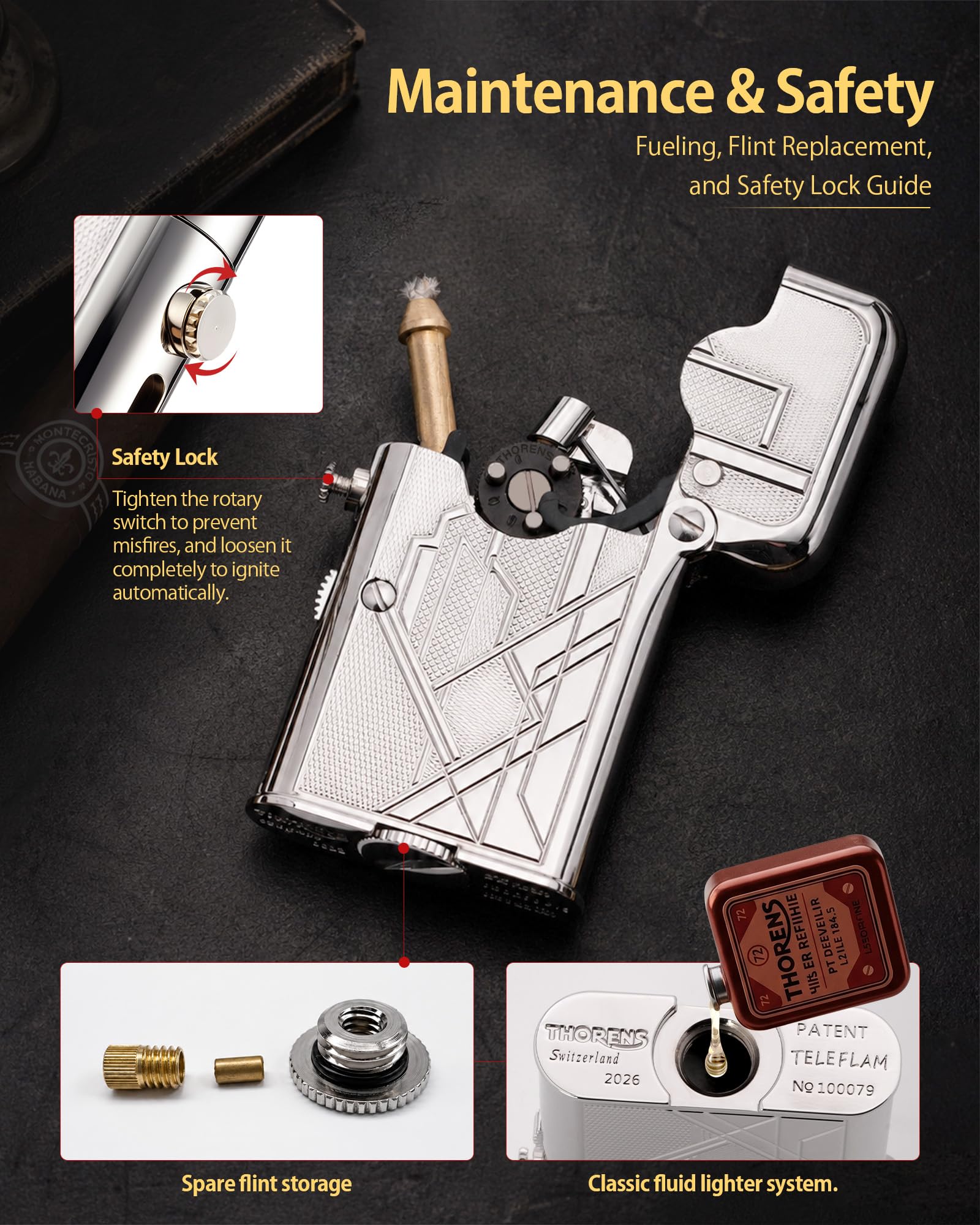 THORENS Gen 7 Single Claw TELEFLAM Silver Metropolis, Mechero de Pipa | Mechero de pipa vintage rellenable, brazo telescópico para la cazoleta, llama suave automática, seguro, regalo para hombre