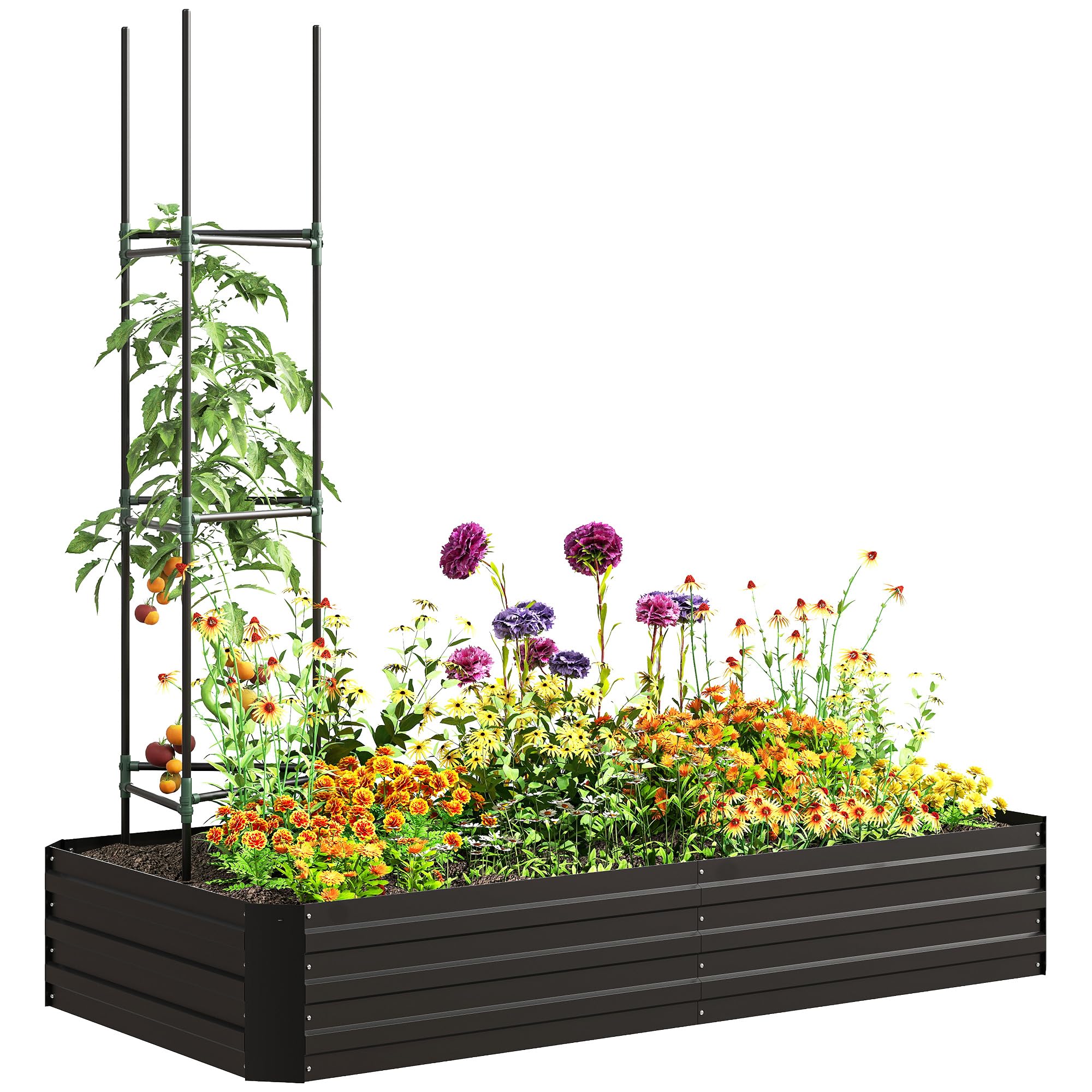 Outsunny Carré Potager Grande Capacité 180 x 90 x 29,5 cm Noir | Jardinière Rectangulaire, Acier Galvanisé, avec Tuteurs, pour Tomates et Plantes Grimpantes