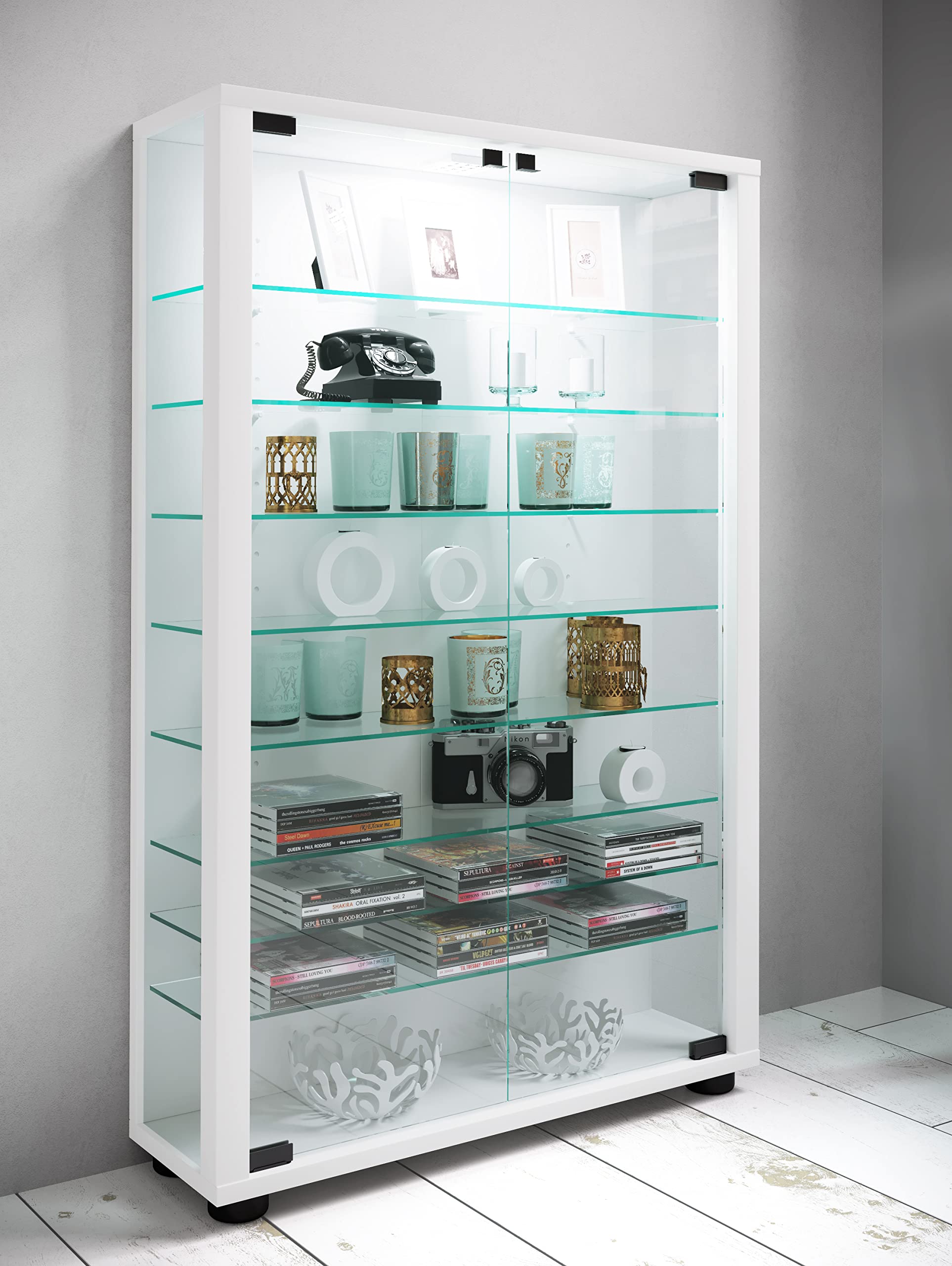 VCM Standvitrine 59x18x90 cm 2 Türen 9 Fächer Glas Holzwerkstoff