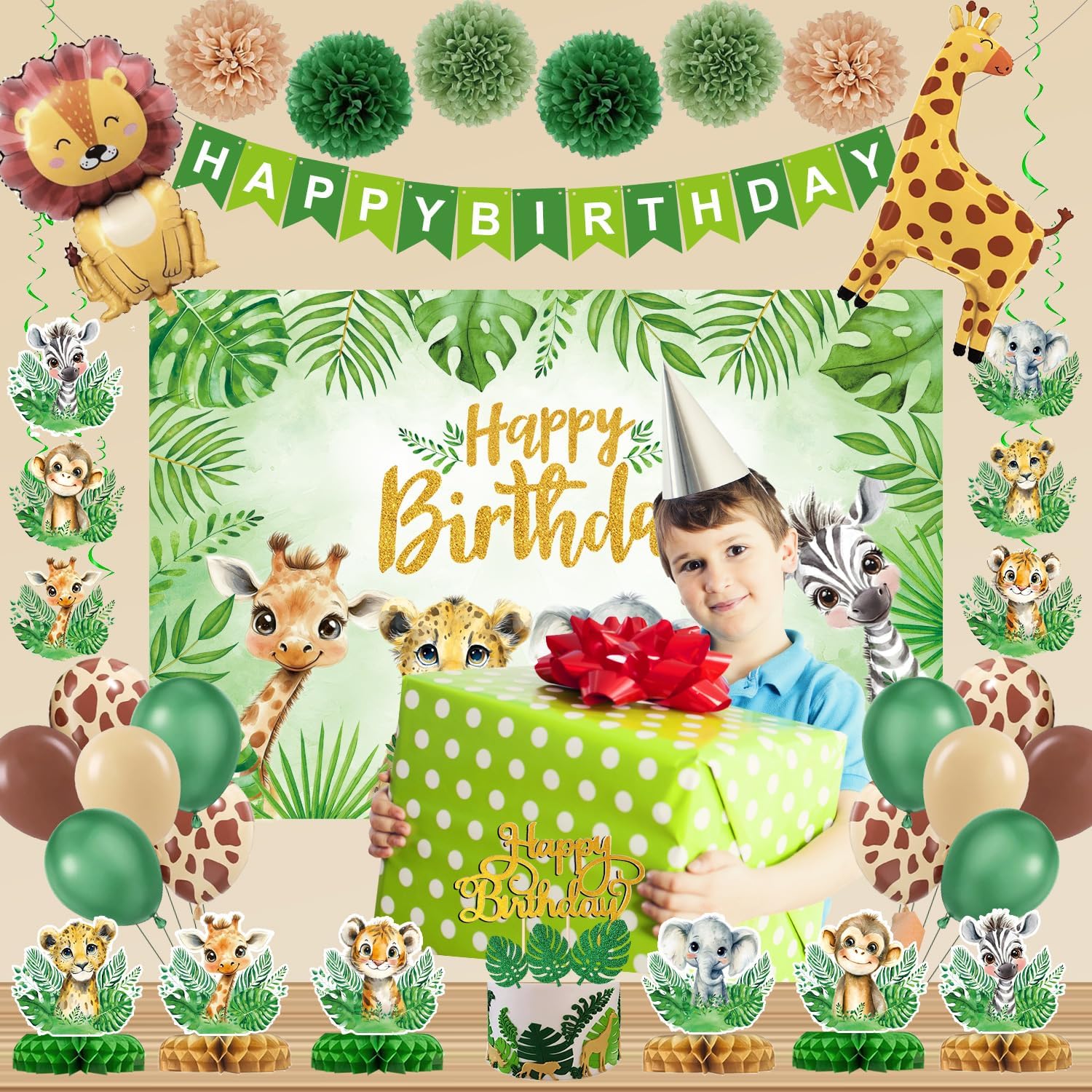 Jungle Safari Birthday Party Decorations - Safari Balloon Garland Arch Kit Animal Balloons Jungle Theme Safari Backdrop Banner Honeycomb Centerpieces Hanging Swirls Cake Topper