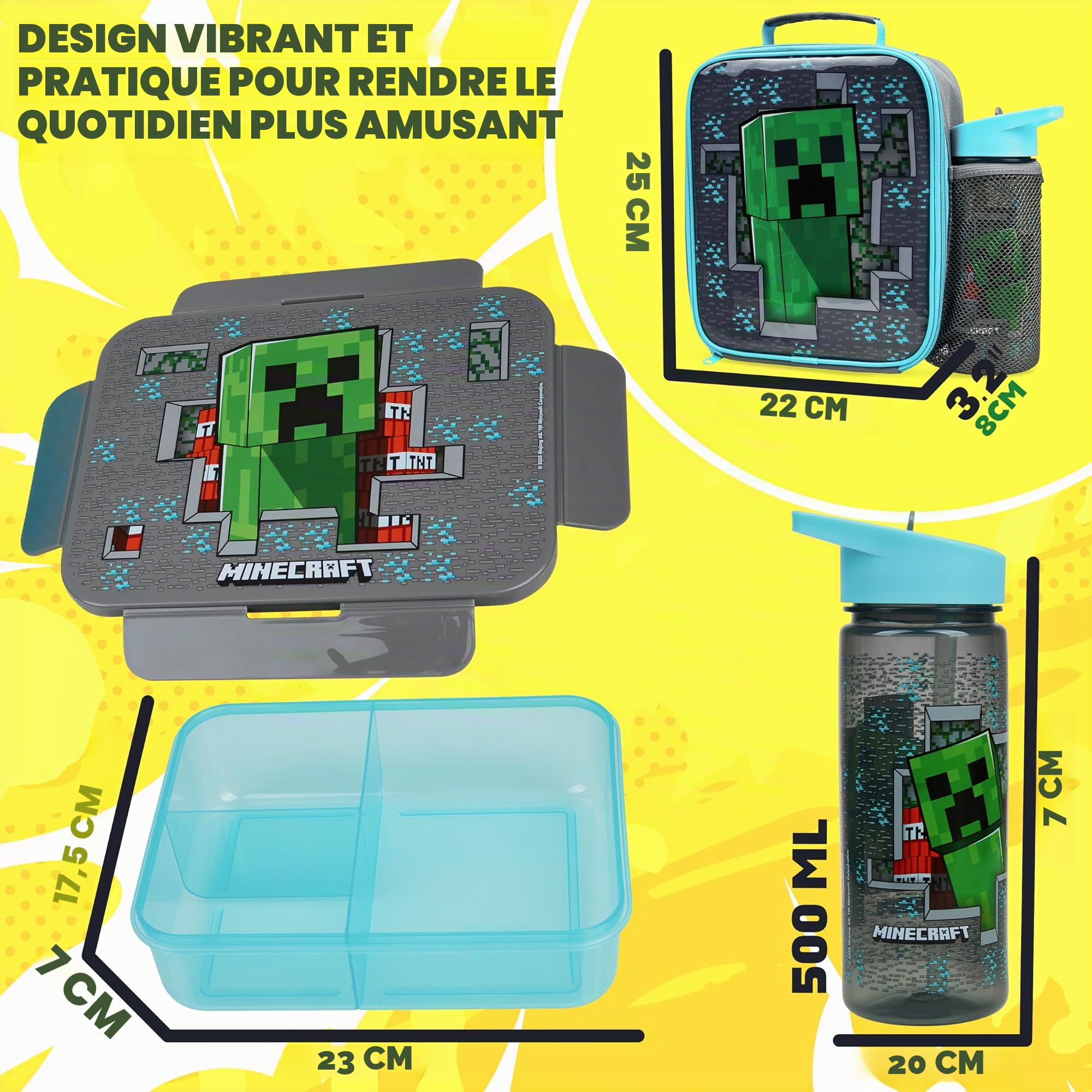 Get Trend Minecraft Sac Isotherme Repas Enfant, Gourde et Boite Bento, Kit Déjeuner de 3 Accessoires Scolaires, Sans BPA, École Voyage Pique Nique (Multi Minecraft)