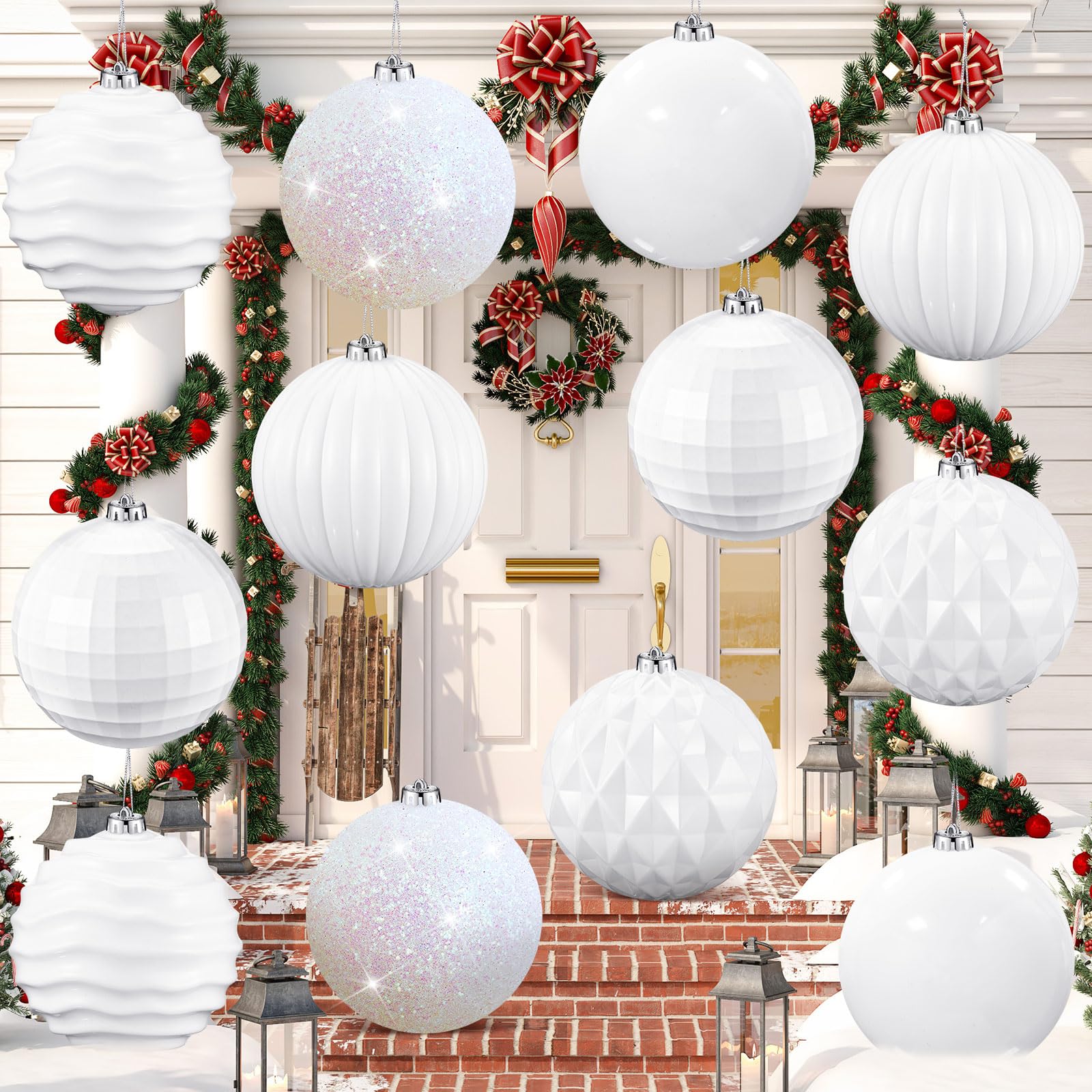 Poen 12 Pcs 6 Inch Extra Large Christmas Ball Ornaments Outdoor Christmas Tree Decoration Hanging Plastic Balls Oversized Glitter Xmas Christmas Balls for Outside Lawn Yard Tree Decorations(White)