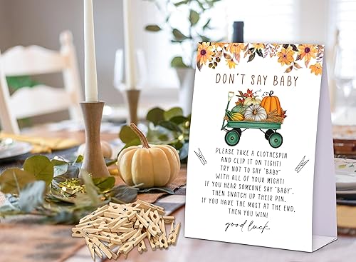 Miniatura 3 de Juego de pinzas para ropa de bebé, juego de calabaza para baby shower, un letrero de 5 x 7 pulgadas y 50 mini pinzas naturales para la ropa, género
