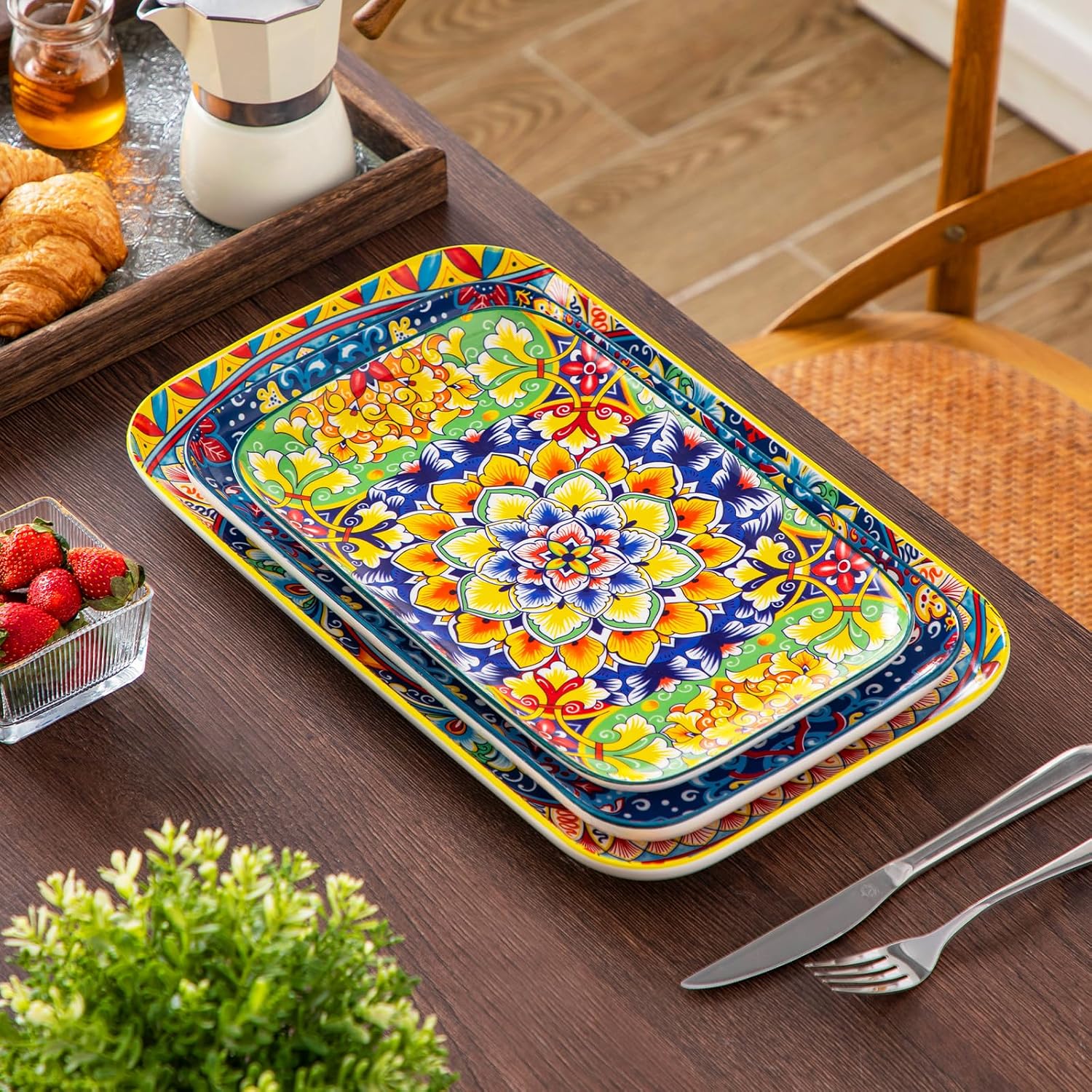 vancasso Serving Platters Set of 3, 16"/14"/12" Inch Rectangular Trays - Extra Large, Ceramic Bohemian Serving Dish for Entertaining Food, Microwave & Dishwasher Safe, Vintage - Image 7