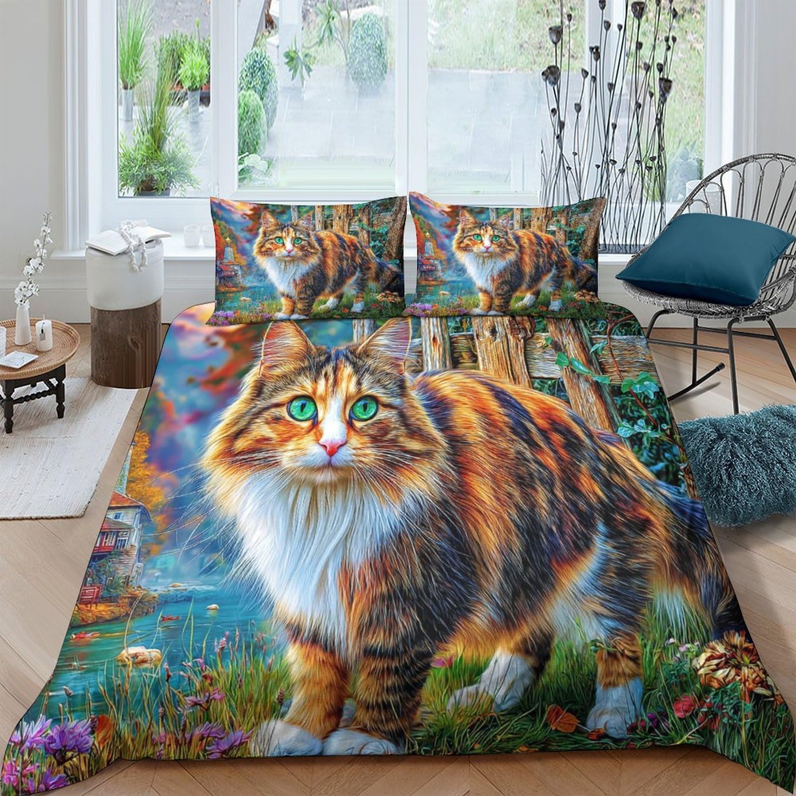 Housse de couette Chat Norvégien 260x220 cm avec taies d'oreiller pour lit Super King