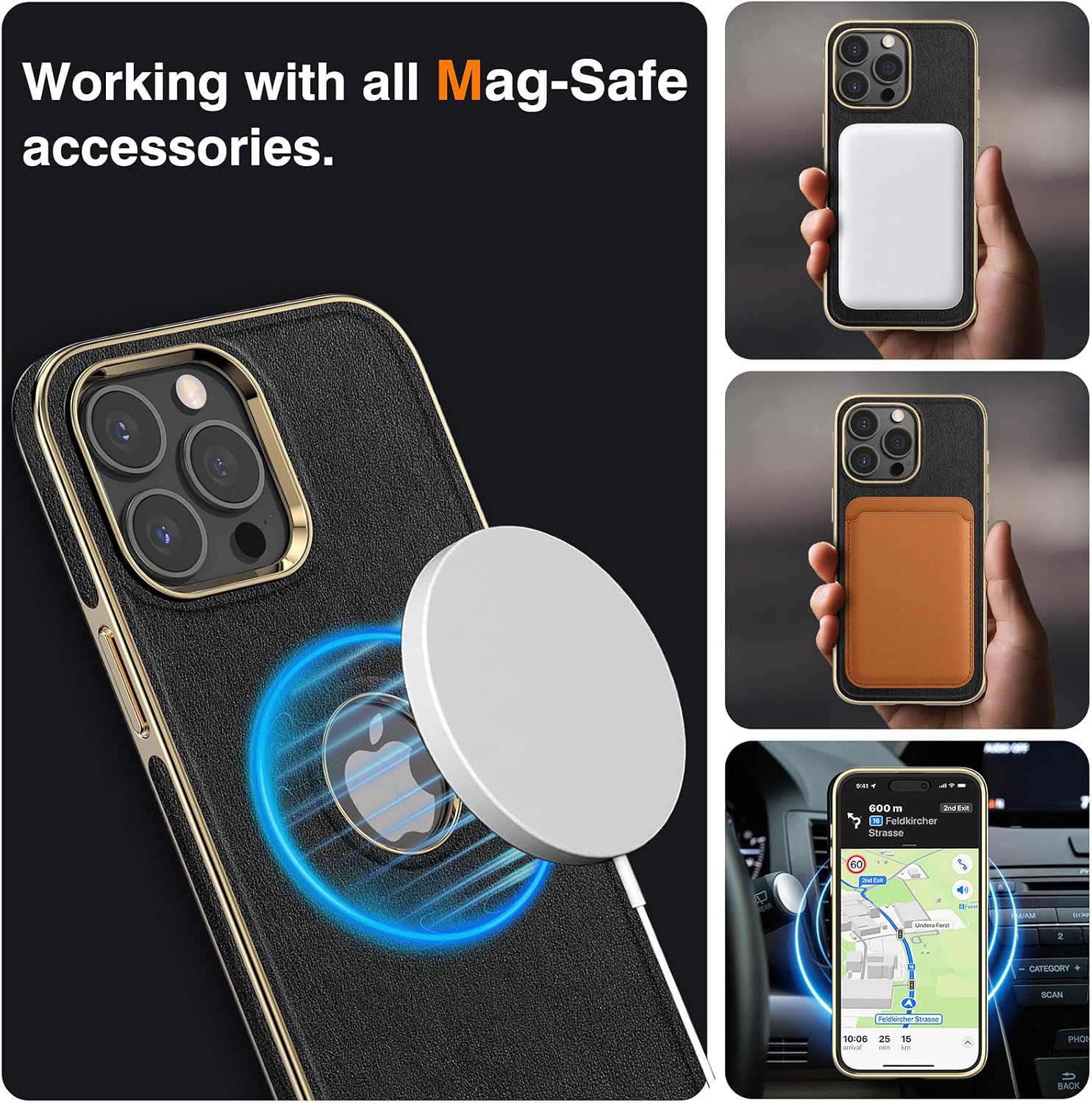 LOHASIC for iPhone 15 Pro Max Leather Case with MagSafe – Luxury Soft Magnetic Designer Cover with Logo Cutout, Luxury Elegant Aesthetic Case for iPhone 15 Pro Max, Black + Gold