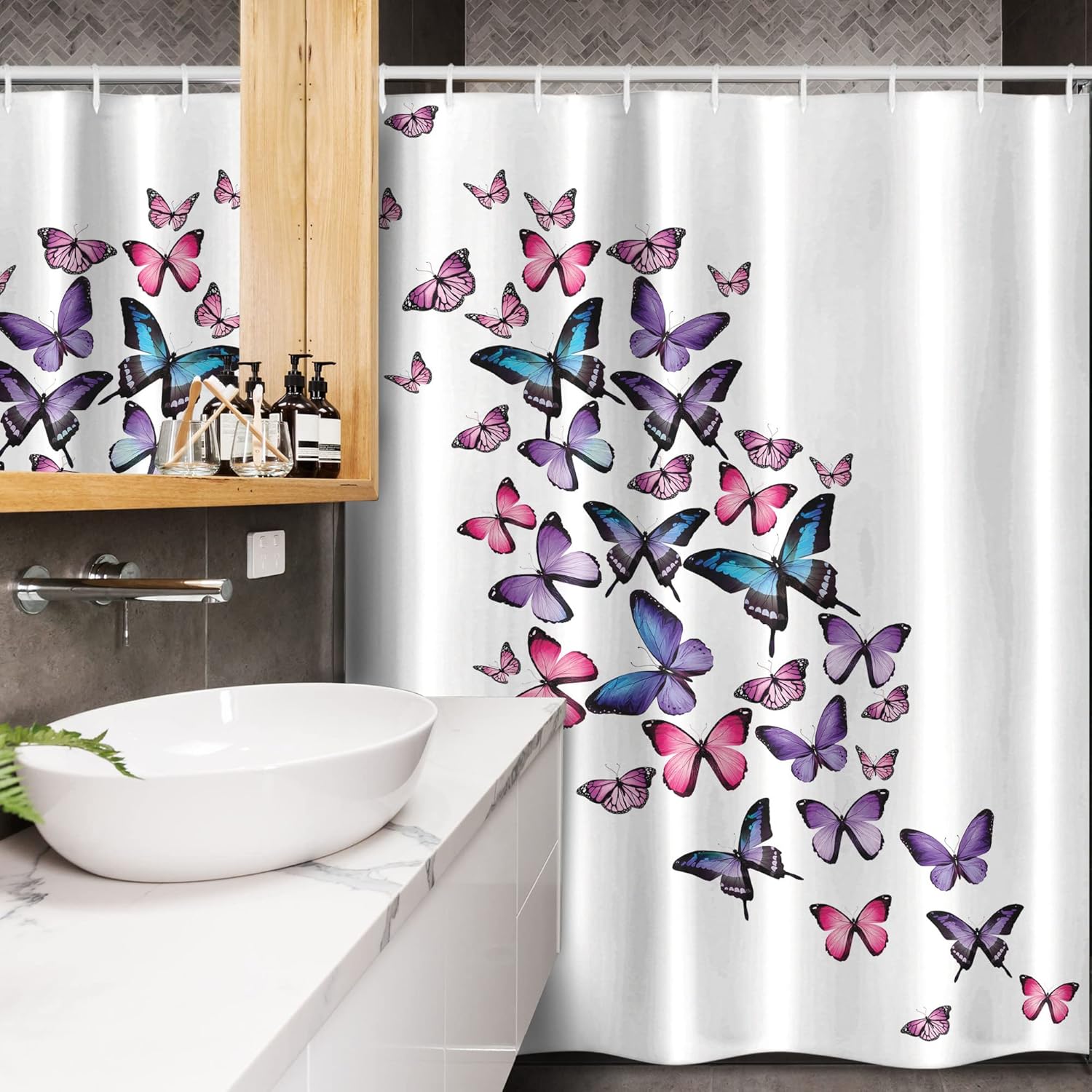 Ambesonne Butterflies Stall Shower Curtain, Various Different Wings Feminine Companionship Funny Animal Print, Fabric Bathroom Decor Set with Hooks, 54" W x 78" L, Blue Purple Pink