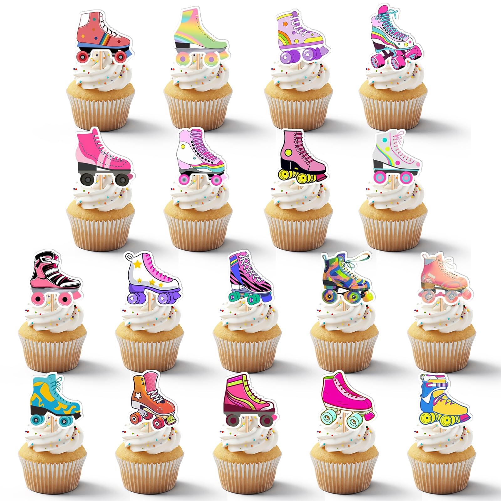 36Pcs Roller Skate Cupcake Toppers, Vintage Neon Glow Skating Cake Toppers, 80s Roller Rink Theme Retro Dessert Picks Party Decorations Birthday Party Supplies for Kids