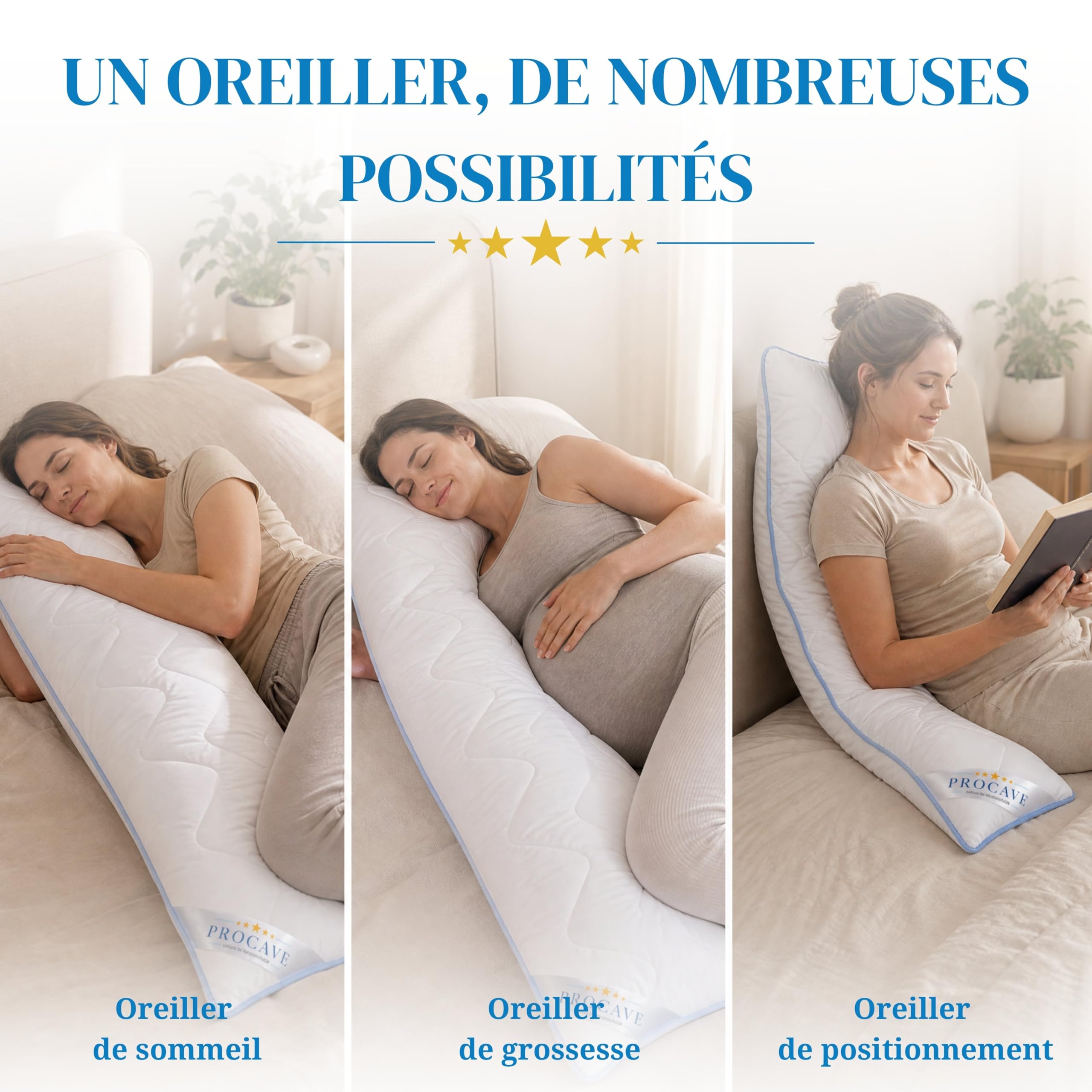 PROCAVE Oreiller pour dormeur latéral, revêtement TopCool, Coussin d’Allaitement Doux, Coussin de maternité Respirant 40x145 cm, fabriqué en Allemagne