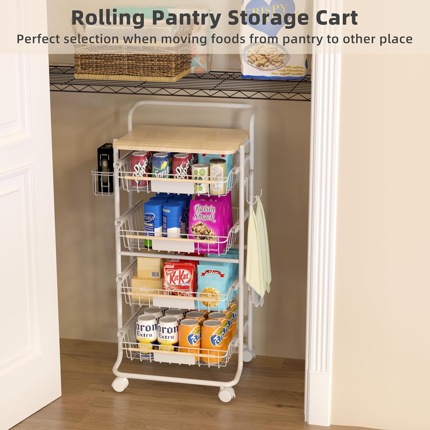 5-Tier Kitchen Organizer and Storage Cart, with Pull-Out Baskets and Wood Top, Rolling Pantry Kitchen Cart, for Fruit Potato Onion Vegetable Snack Produce, White