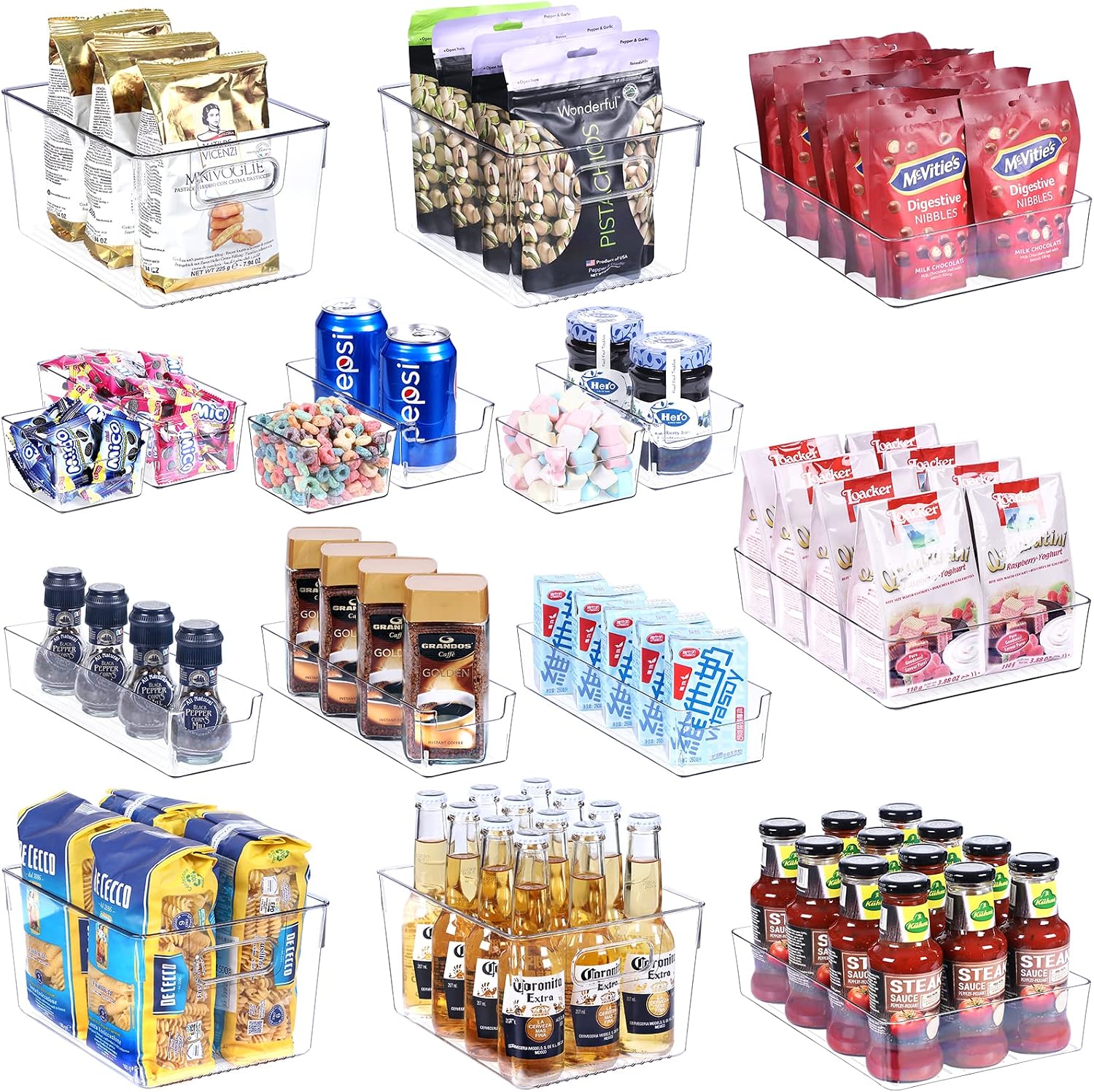 FOOYOO Refrigerator Organizer Bins -16 pcs Clear Fridge Storage Bin with Handles, Stackable Plastic organization and storage, Bins For Fridge With 5 Size, Freezer, Kitchen, Cabinets, BPA-Free.