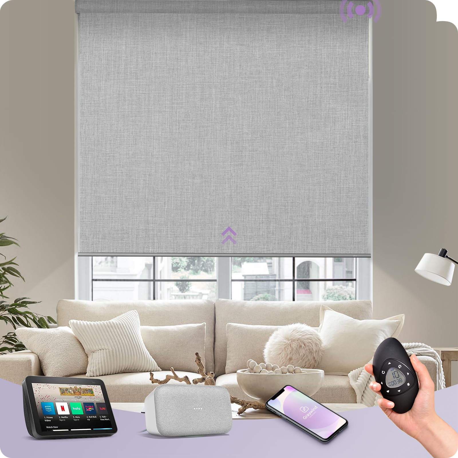 Graywind Motorized Roller Shades Compatible with Alexa Google Smart Blackout Shades with Remote Triple Weaved Fabric Window Blinds with Valance for