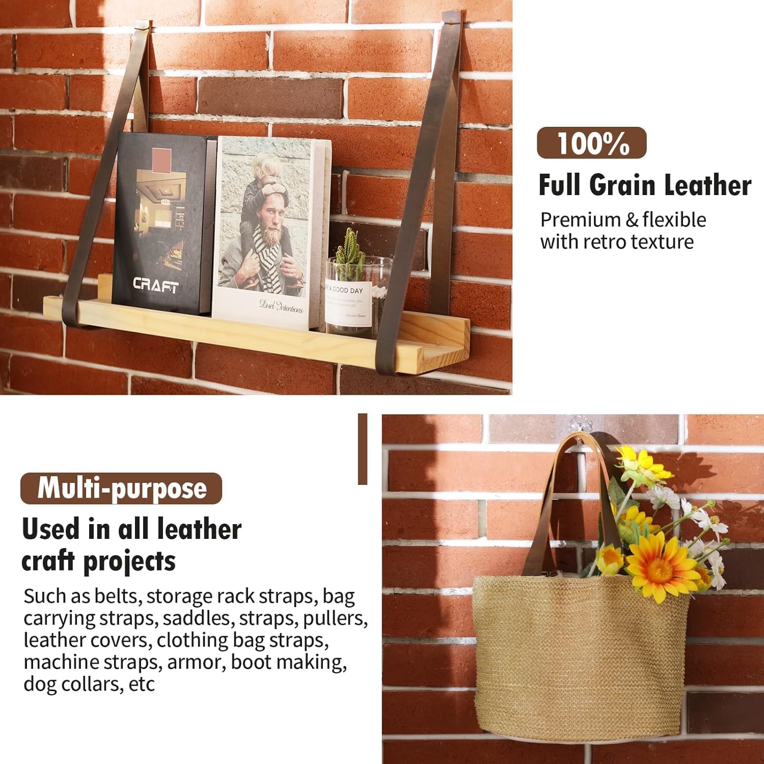 Jack&Chris 72.5 Inches Long Leather Straps for Crafts, 1.5 Inch Wide Leather Strips, Full Grain Leathers for Handmade Arts & Craft Projects, Sheets, Ropes, Red Brown - Image 5