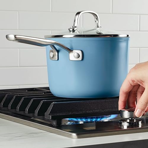 Miniatura 6 de KitchenAid Sartén antiadherente de cerámica anodizada dura con tapa, 3 cuartos de galón, terciopelo azul