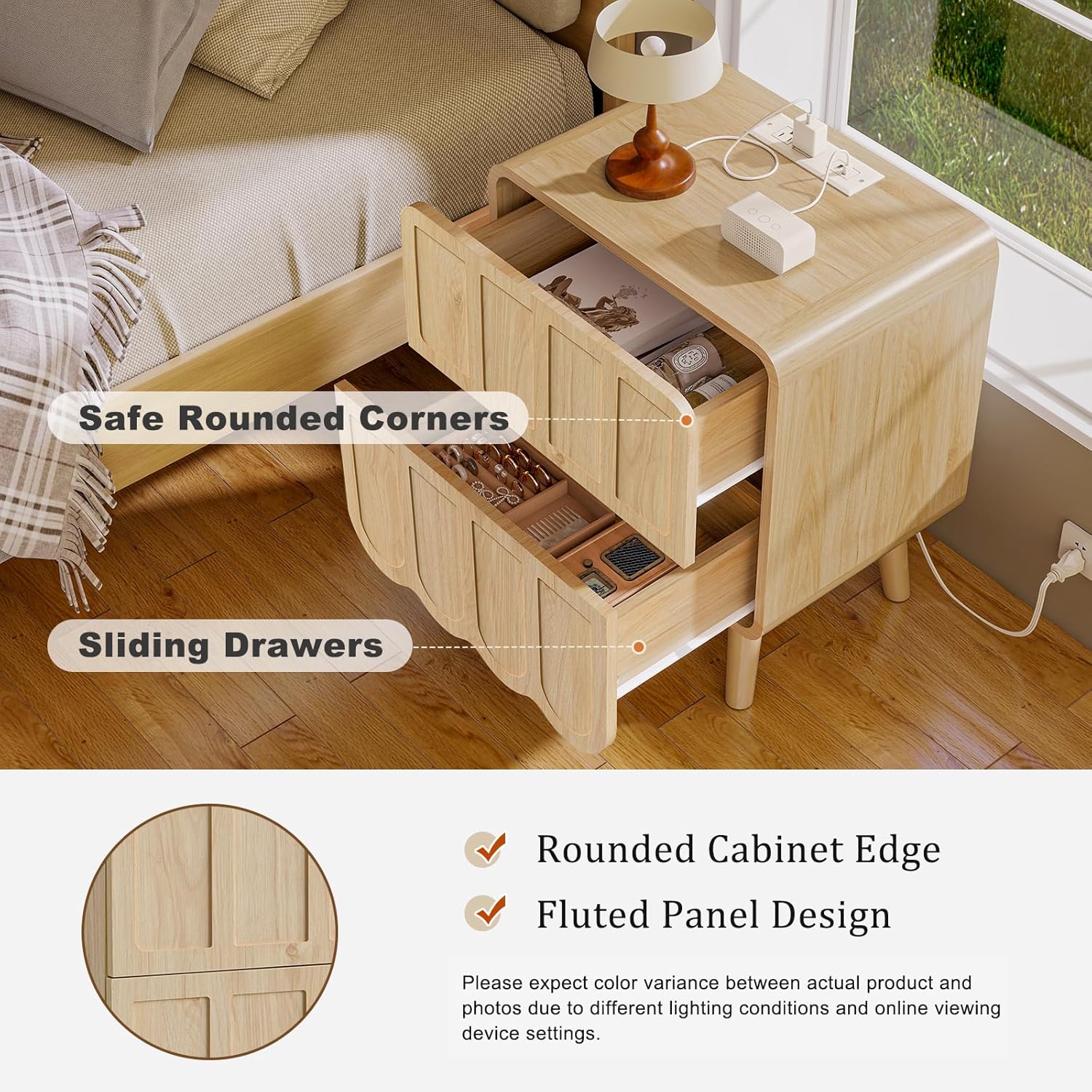 LYNCOHOME Nightstand with Charging Station, 18.9 inch Wide End Table with 2 Drawers, Modern Wood Bedside Table Mid Century Modern Night Stand for Bedroom (Natural) - Image 5