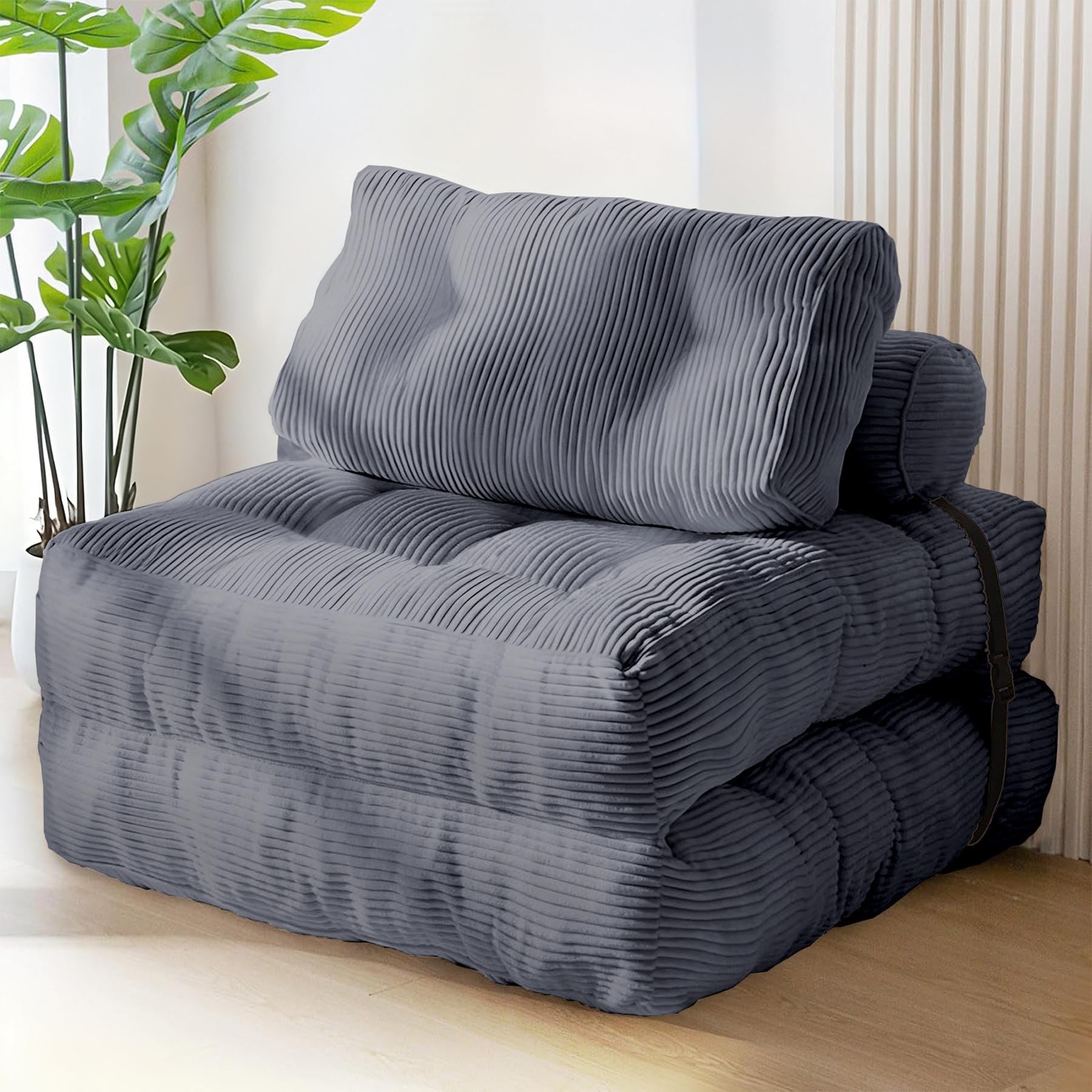 2-in-1 Folding Sofa Bed Chair Single Pullout Couch Bed with Pillows Grey Corduroy Convertible Sleeper Chair Floor Sofa